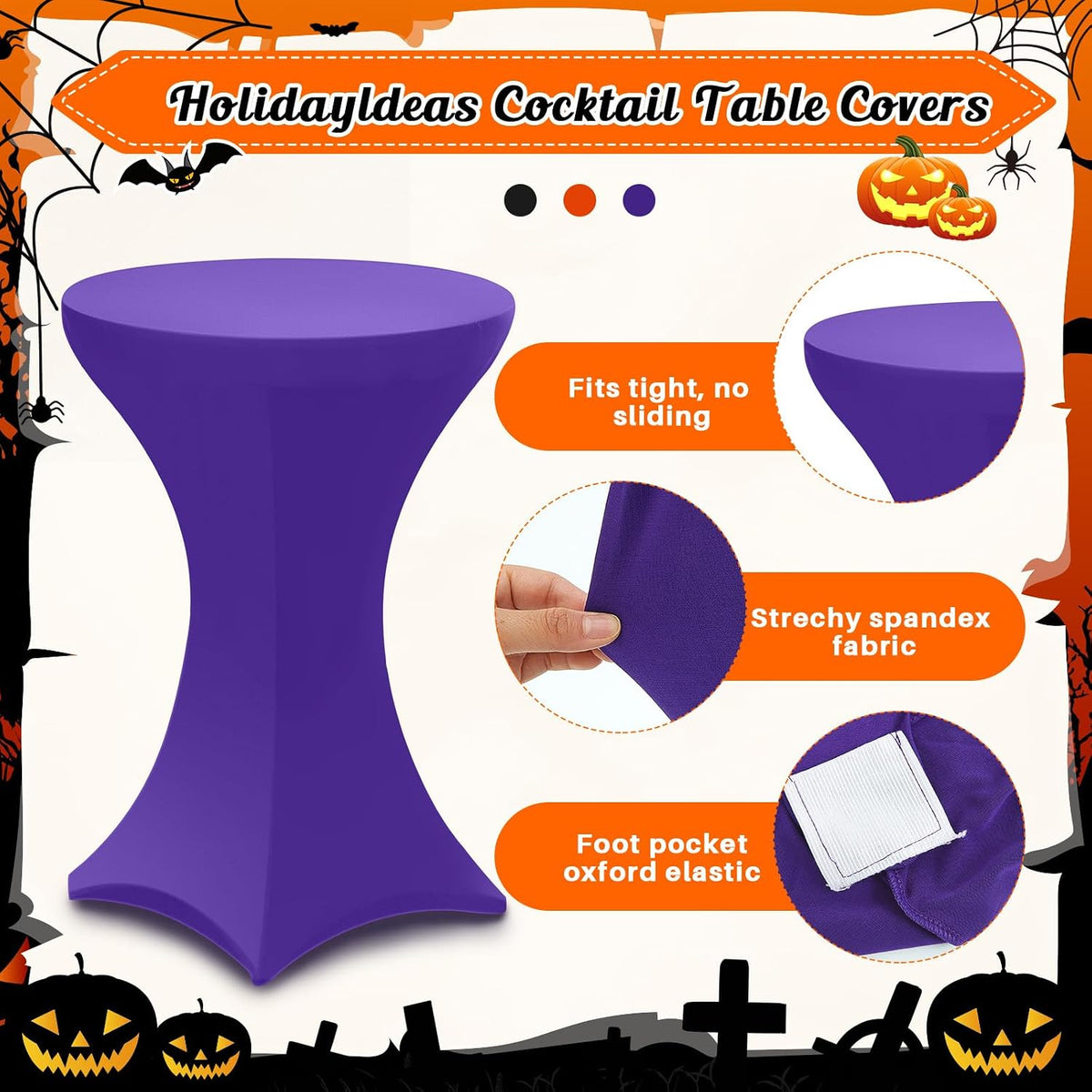 Preboun 6 Pack Cocktail Table Covers, 32 x 43 Inch, Black Orange Purple