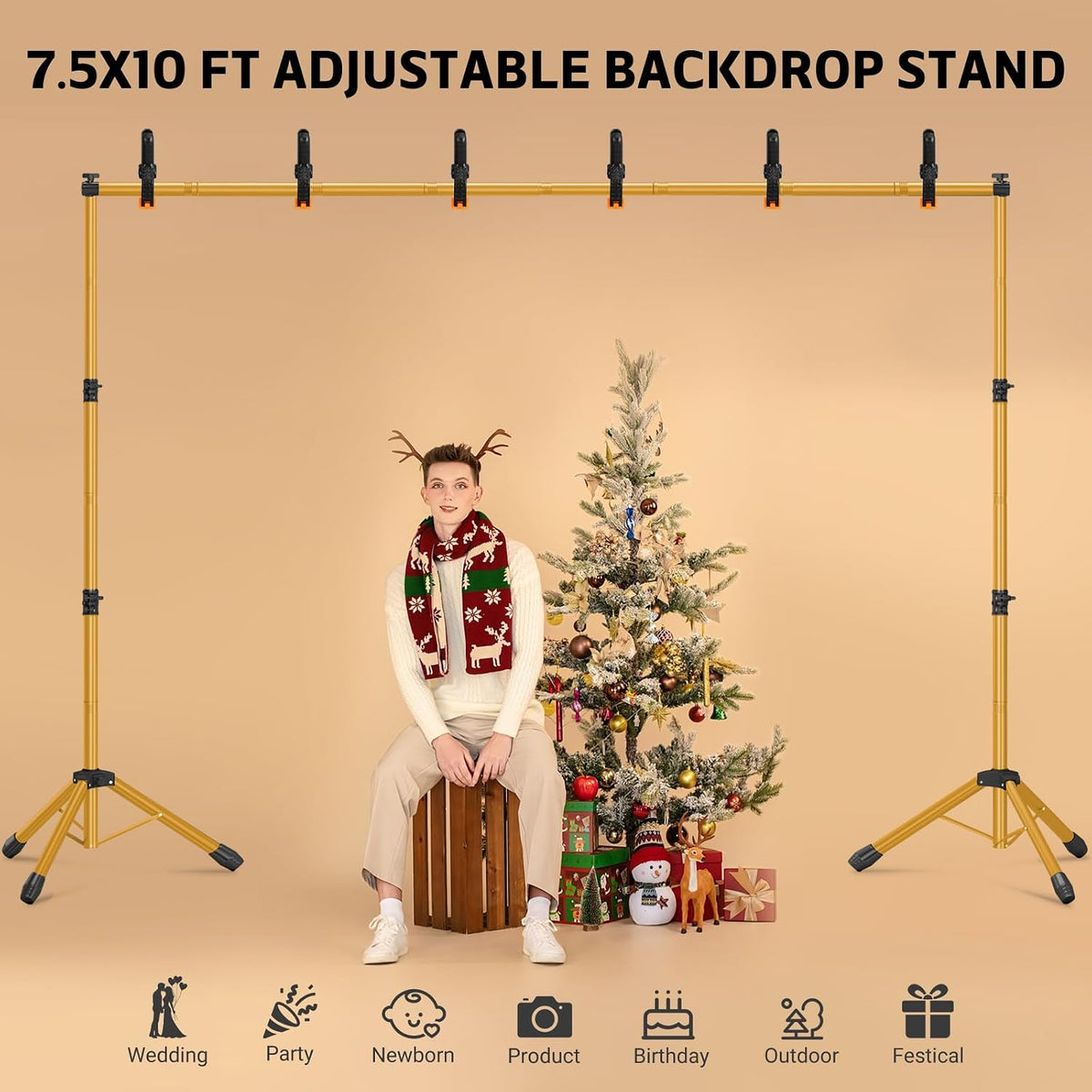 10x7.5ft Photo Backdrop Stand 3-in-1 T-Shape Heavy Duty for Studio Gold