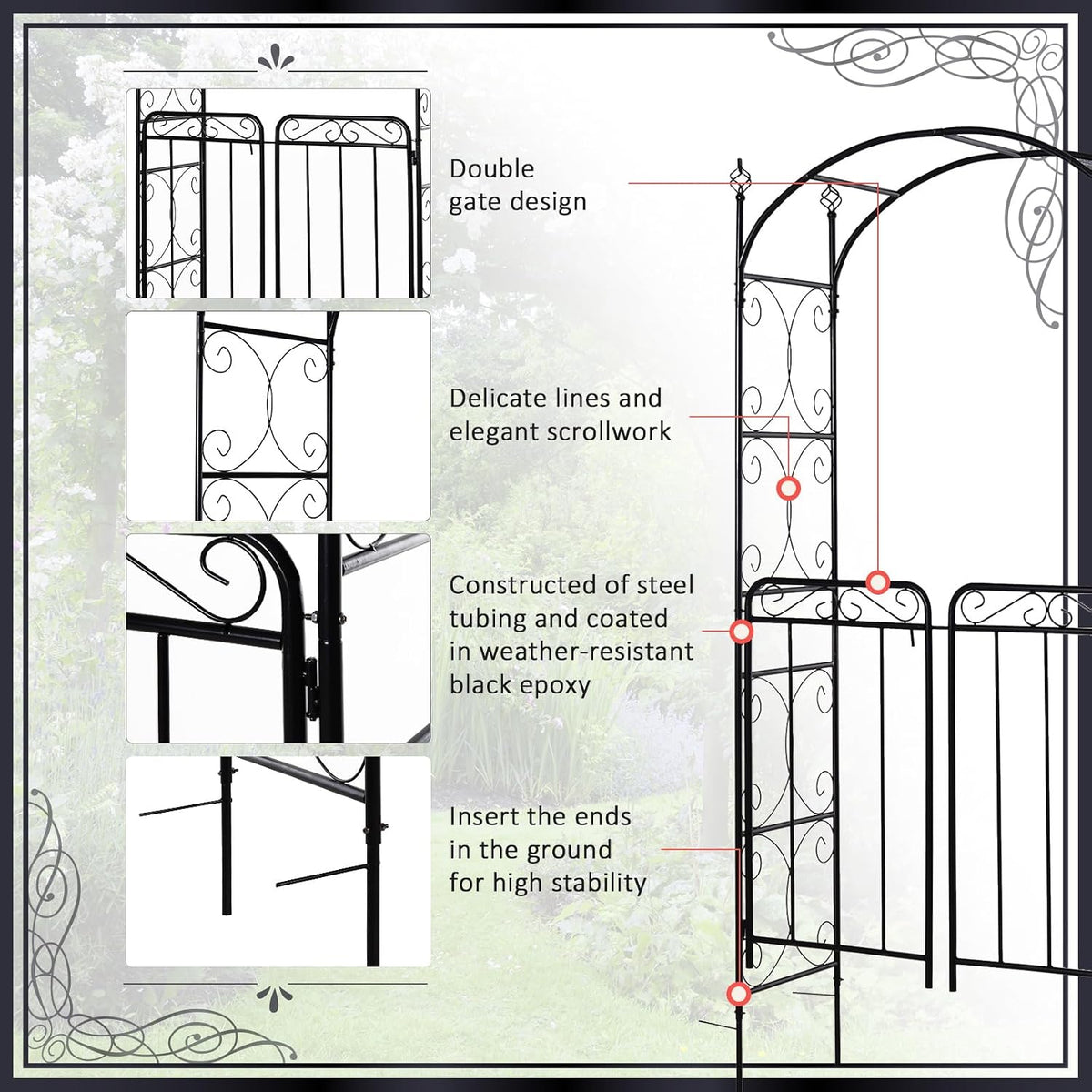 Outsunny 84" Garden Arch Arbor with Gate Metal for Climbing Vines Black