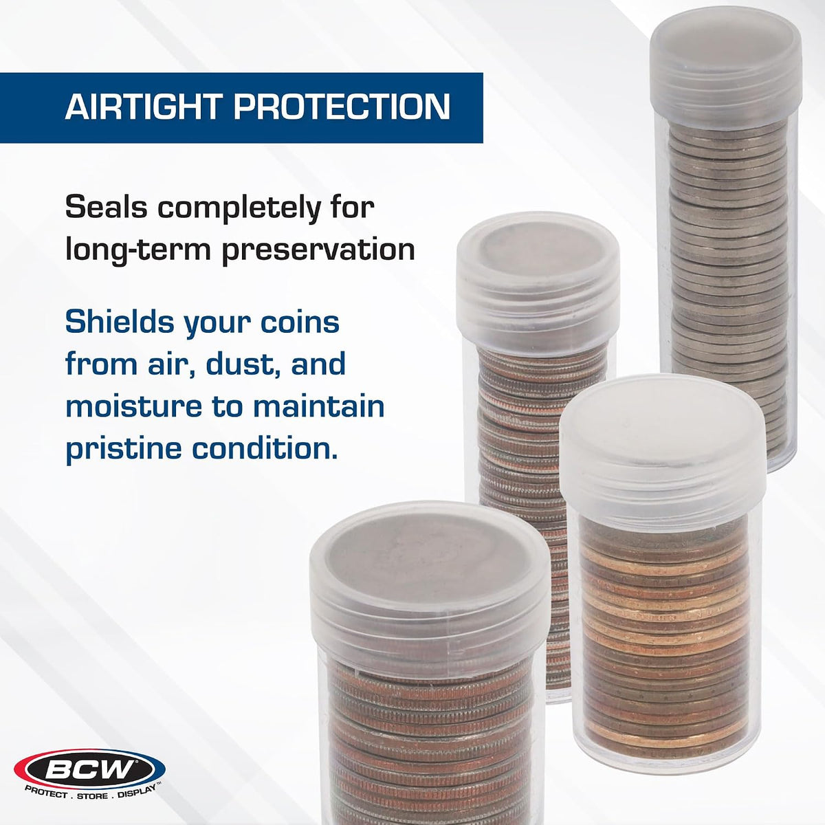 BCW Penny Coin Tubes for US Lincoln Pennies, Airtight Screw Caps, 100 Pack
