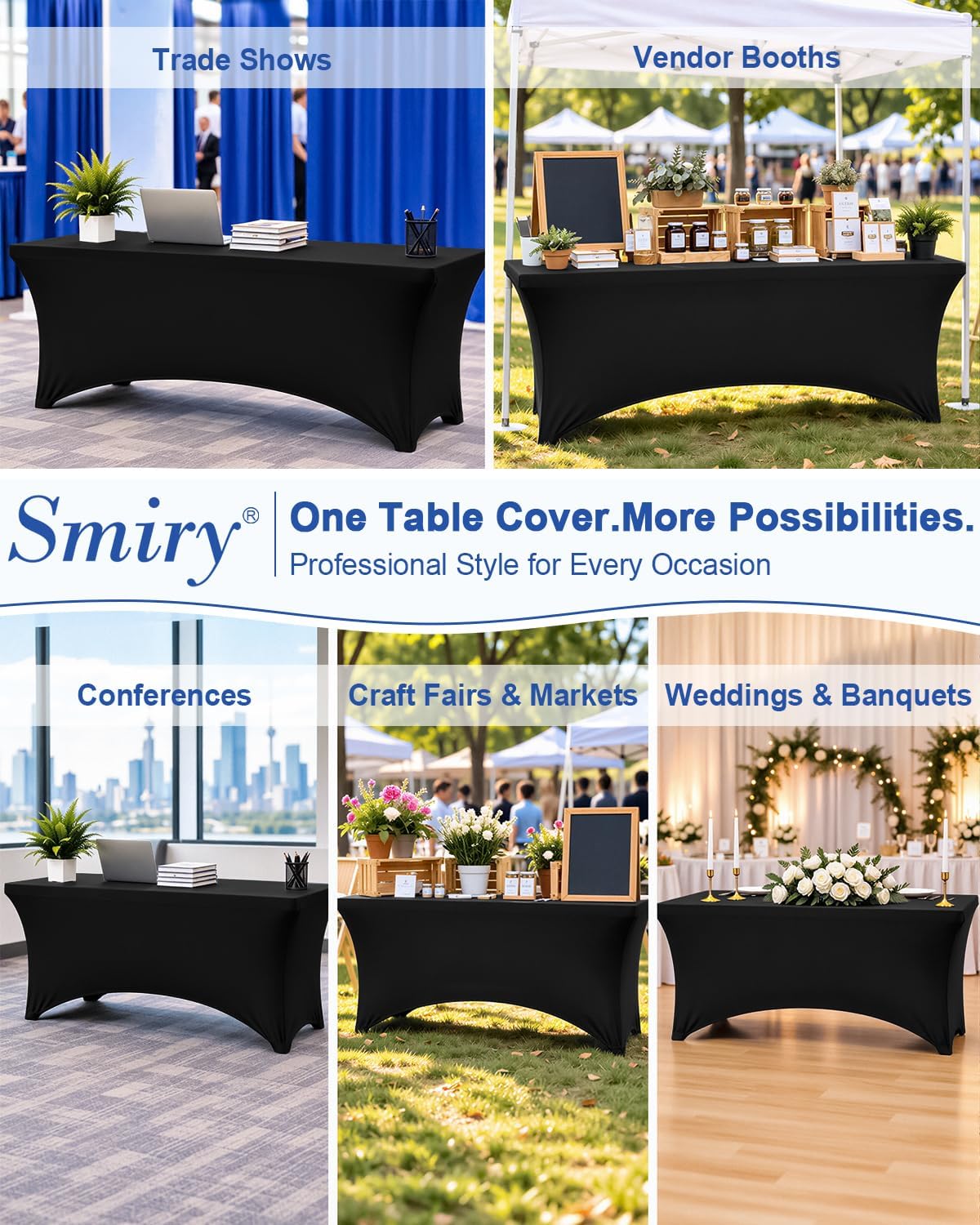 Smiry 5 Pack Spandex Table Cloth 6FT, Elastic Fitted Black Tablecloth
