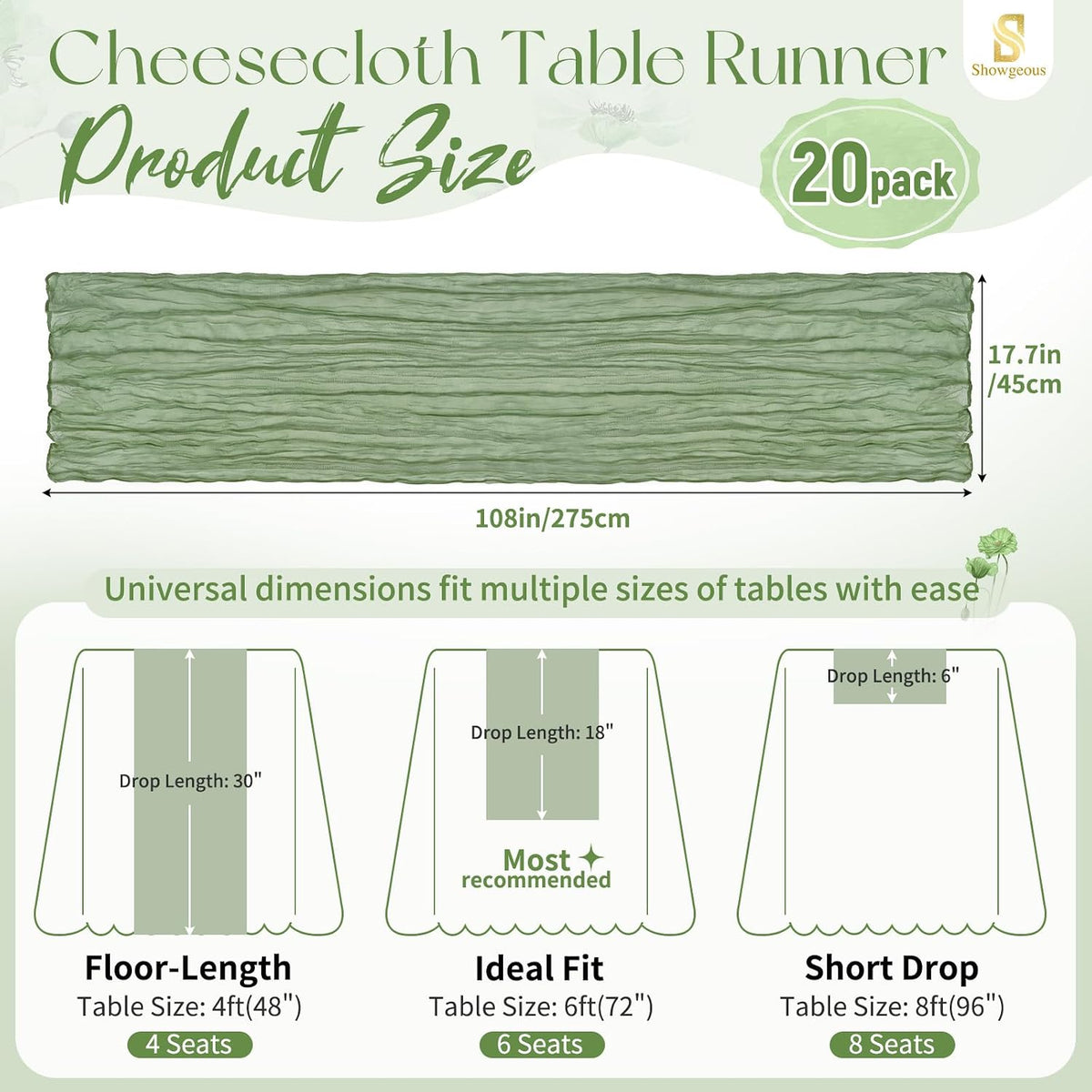Showgeous 20 Pack Sage Green Cheesecloth Table Runner, 17 x 108 Inches
