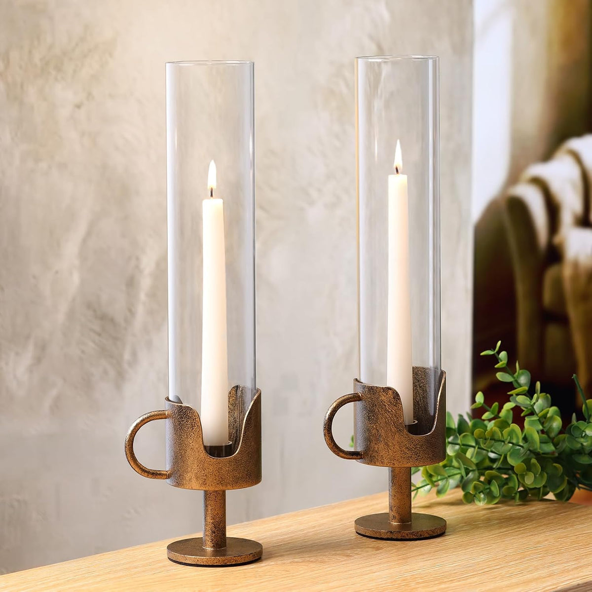 Vintage Cast Iron Hurricane Glass Candle Holder for Taper Candles Set of 2