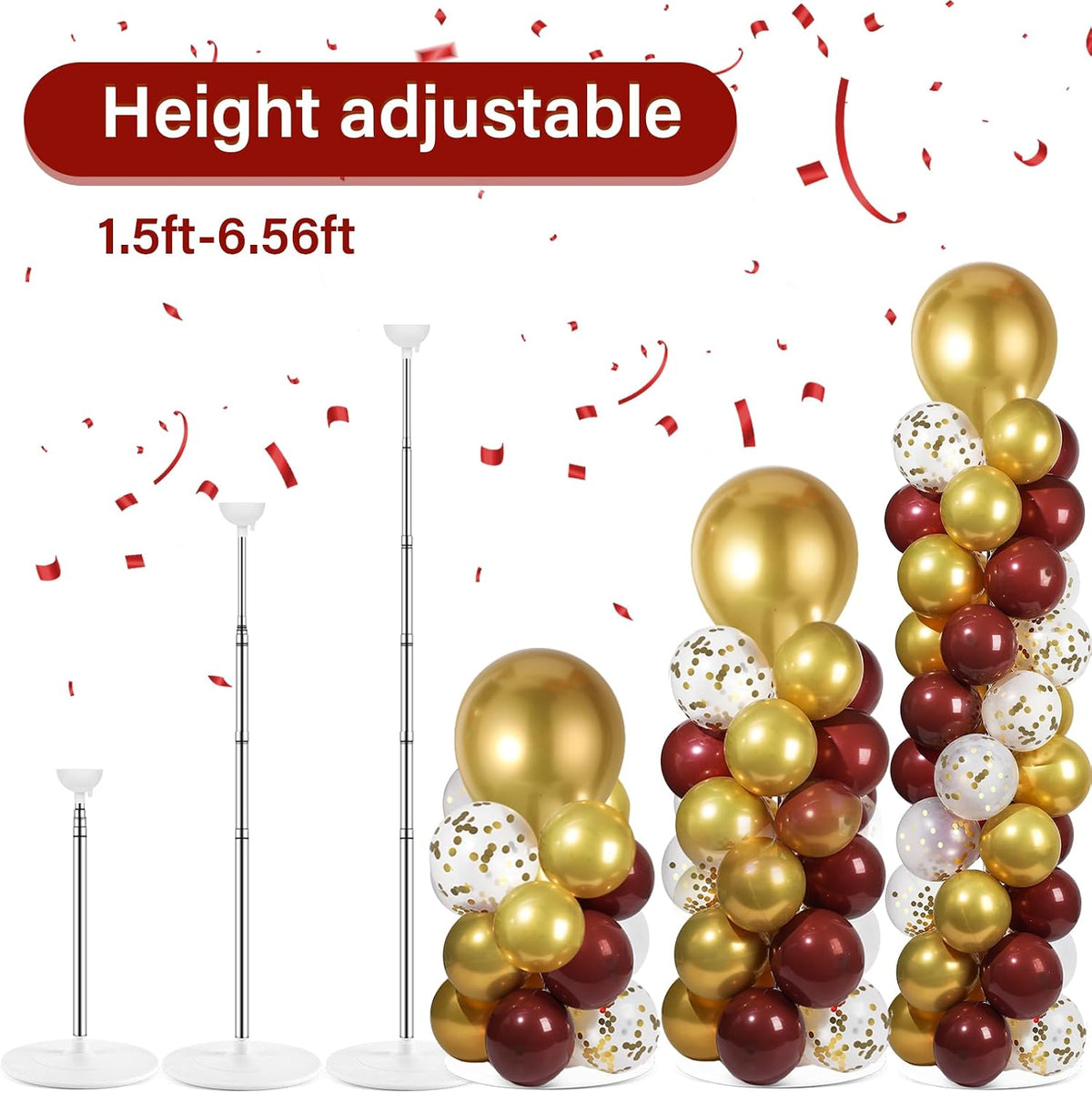 2 Sets Adjustable Balloon Column Stand Kit with Bases(Burgundy Red Gold)