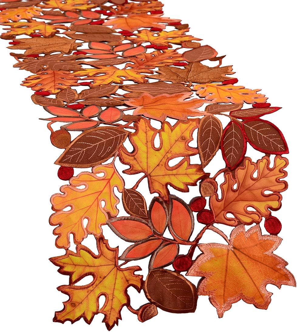 Simhomsen Embroidered Fall Leaves Table Runner for Thanksgiving, Autumn Harve...