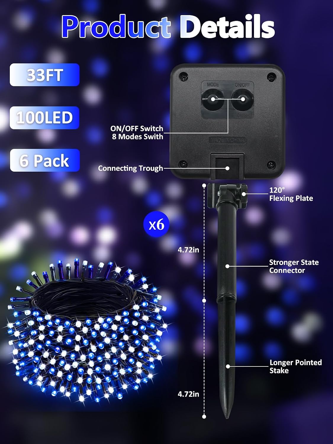 6 Pack 600 LED Solar Christmas Lights Outdoor, Solar Lights Blue & White
