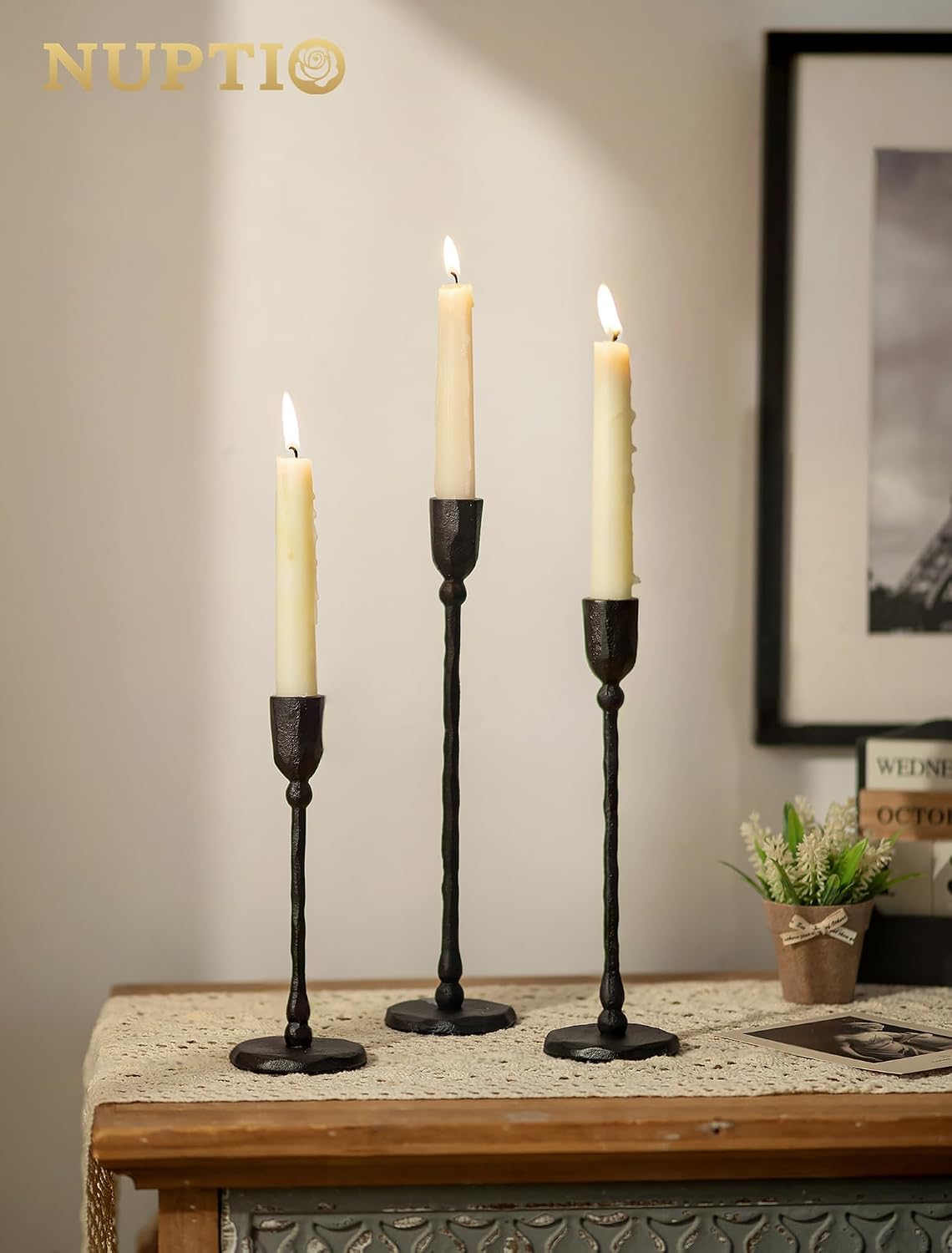 NUPTIO Cast Iron Candlestick Holders: Black Candle Stick Holder Set of 3