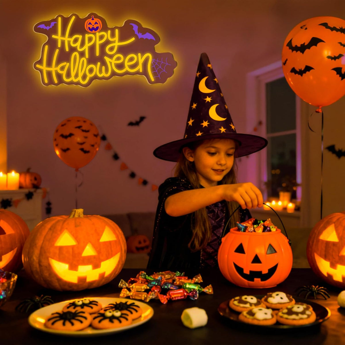Happy Halloween Neon Sign, Cool Dimmable Light Up Halloween Pumpkin Bat Windo...