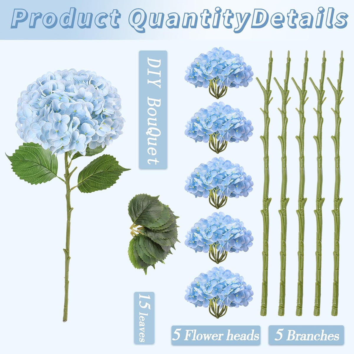 5Pcs Light Blue Real Touch Latex Hydrangeas Artificial Flowers