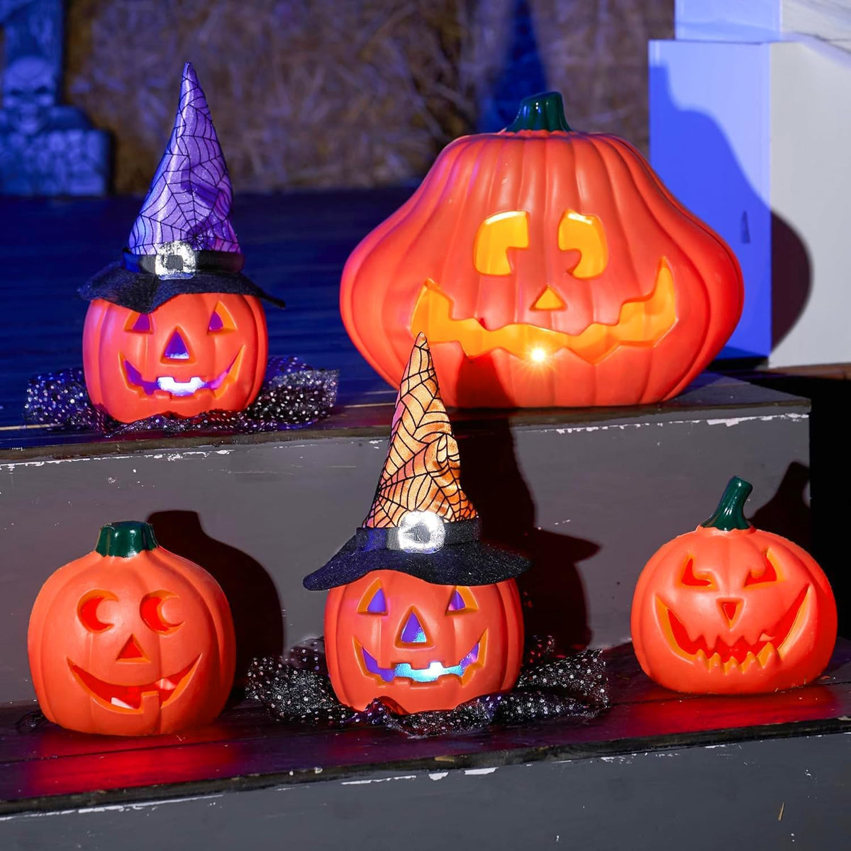JOYIN 5 Pcs Light Up Halloween Pumpkin Decorations Jack O Lantern Decor, Plas...
