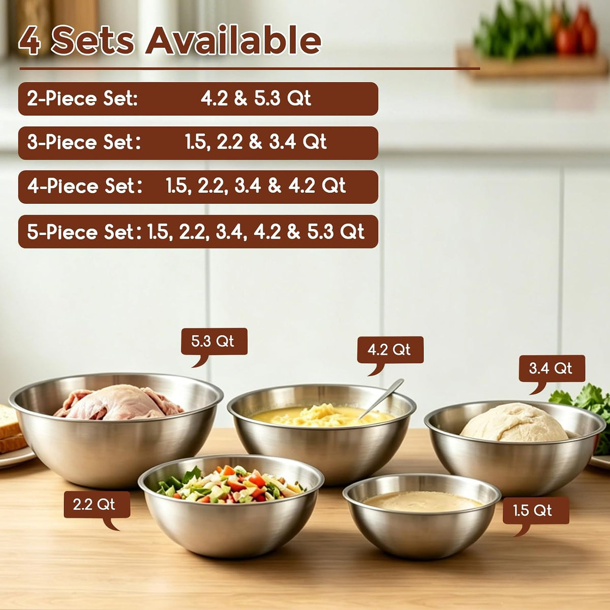 Gronivex Stainless Steel Mixing Bowls Set, 3-Piece (1.5, 2.2 & 3.4 Qt)