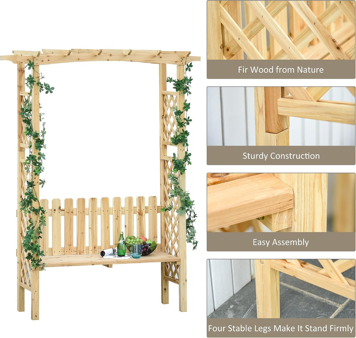 Outsunny Wooden Garden Arbor for Climbing Plants with Bench Natural