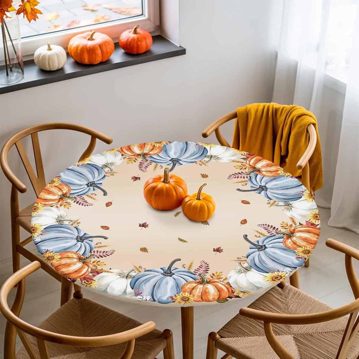 Fall Pumpkin Round Table Cloth Thanksgiving Fitted Tablecloth,Maple Leaves Ta...