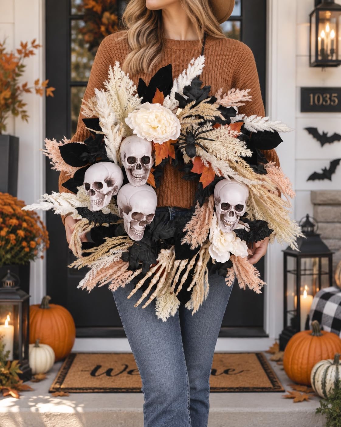 24" Halloween Wreath for Front Door with Artificial Skulls, Wheat, Maple...