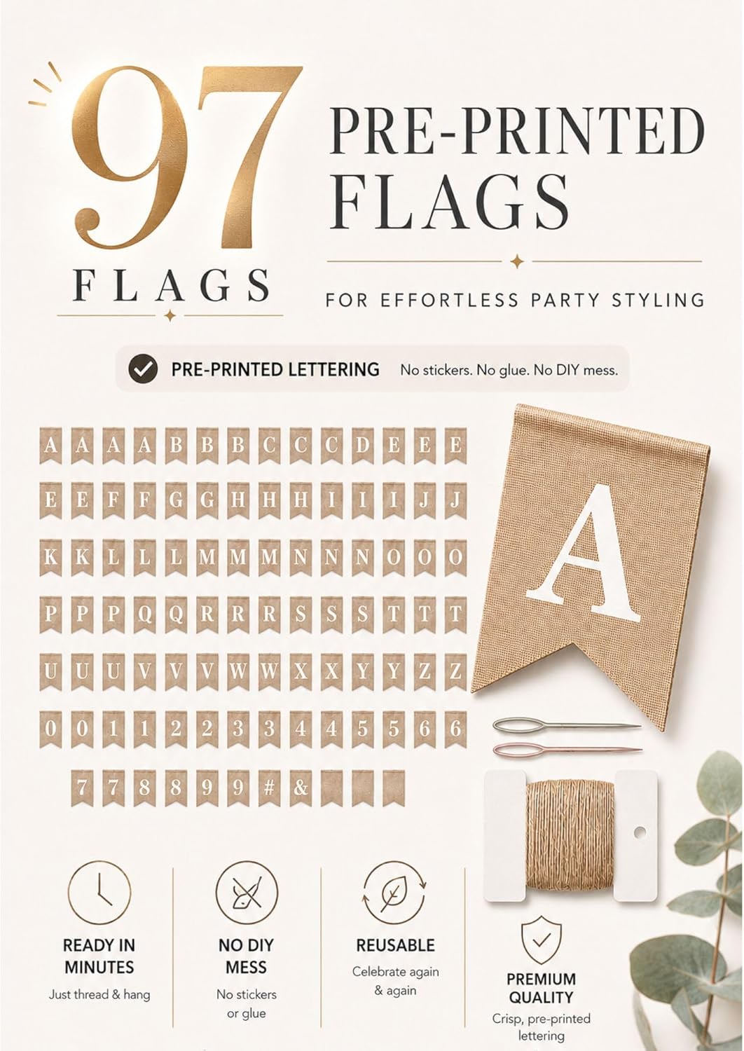 Pre-Printed Banner Kit – 97 BURLAP Flags with WHITE Letters, Numbers & Sy...