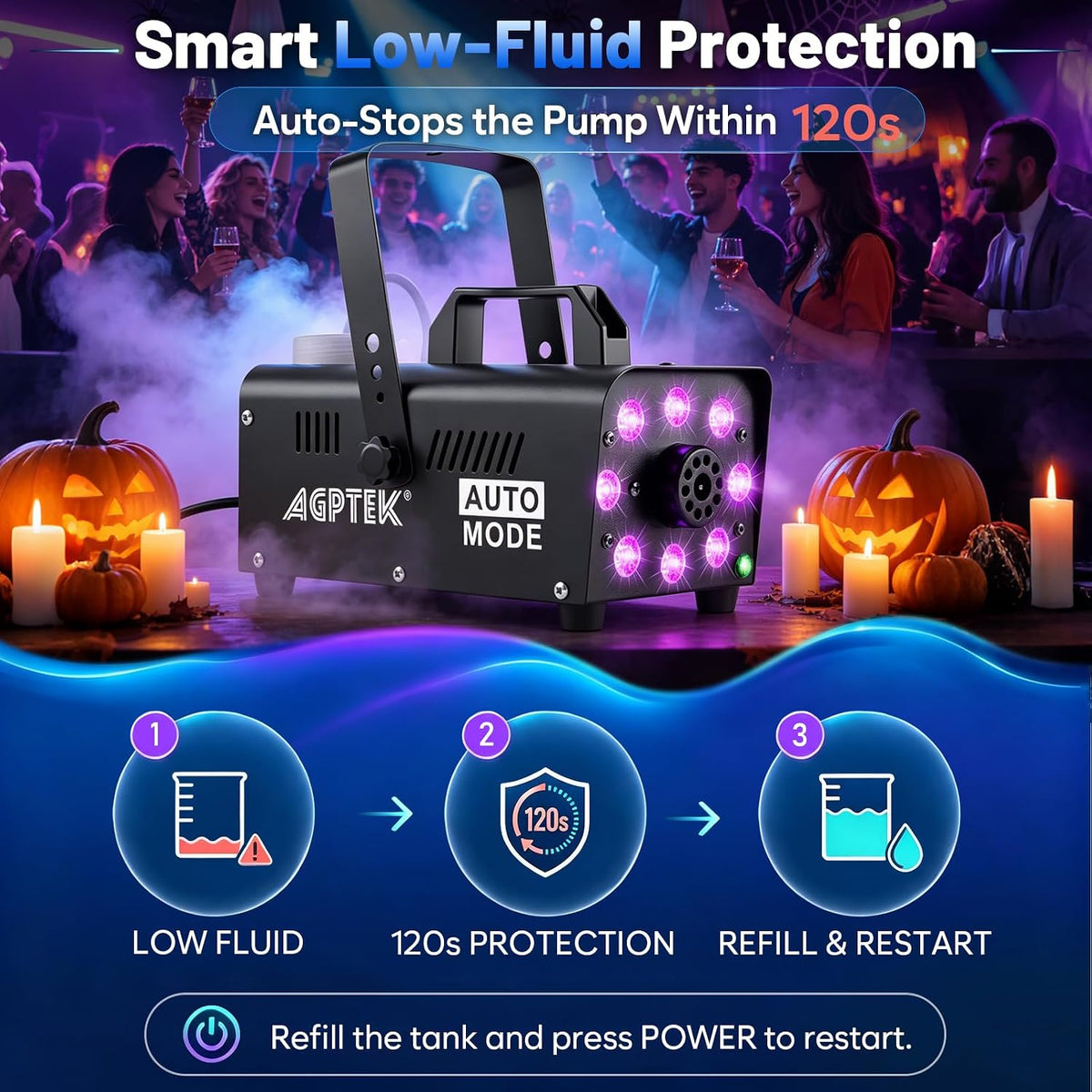 AGPTEK Fog Machine, 12 Colors, 600W Smoke Machine, Low Fluid Auto Shutoff