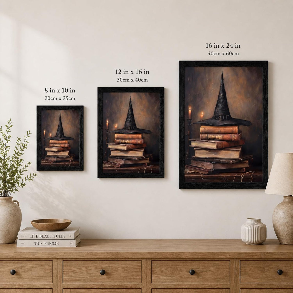 Framed Halloween Wall Art Witch Hat and Spell Books Pictures Painting Dark Ac...