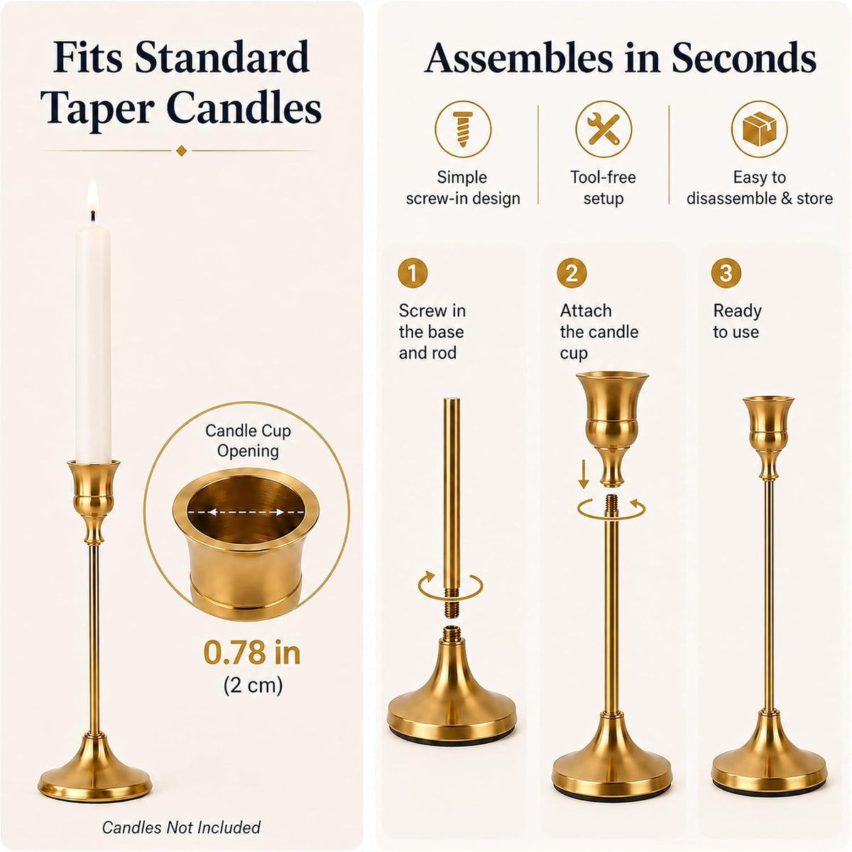 Brass Gold Candlestick Holders Bulk 16 Sets(48 Pcs), Vintage Gold Taper Candl...