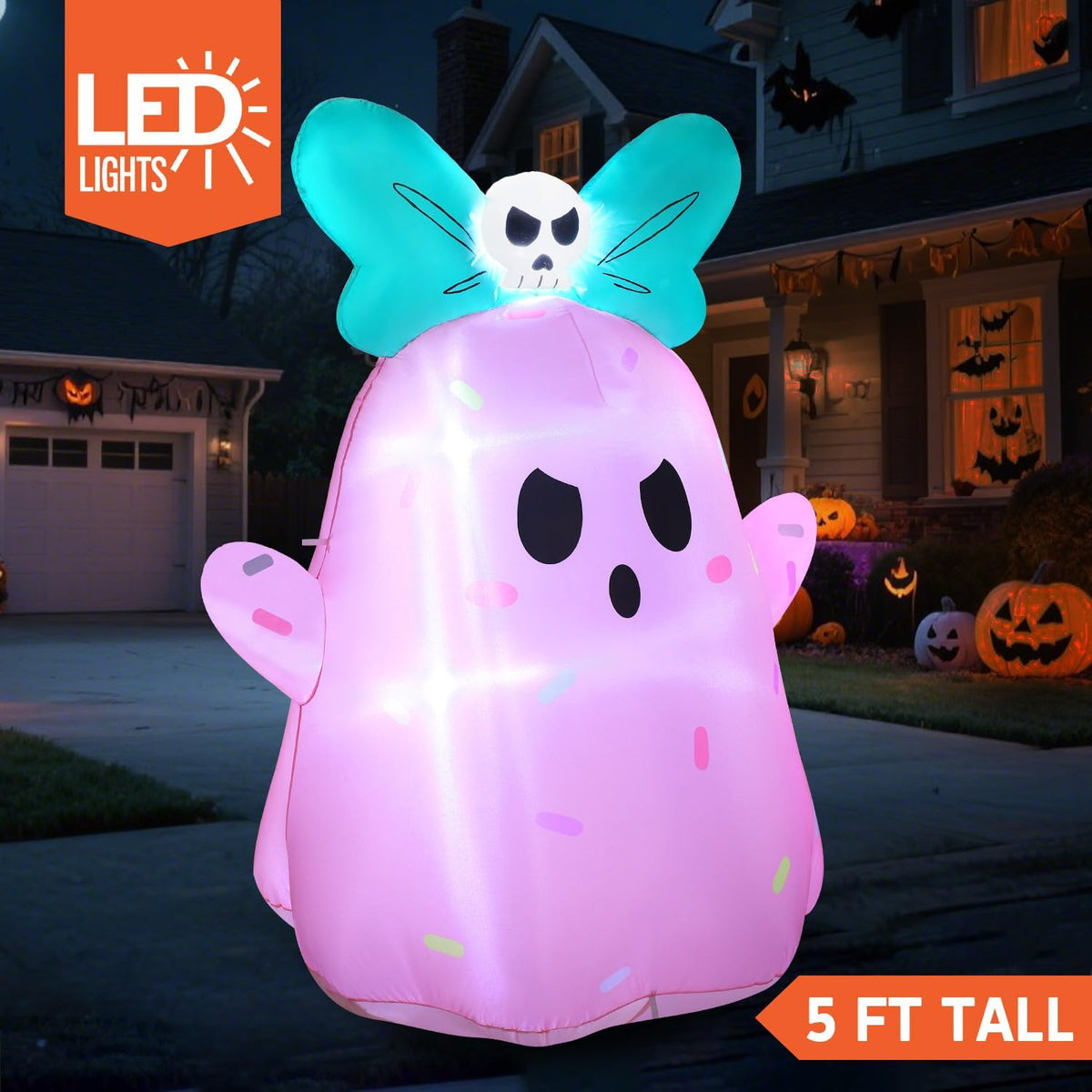 Joiedomi 5FT Tall Halloween Inflatable Ghost Outdoor Decorations, Cute Pink G...