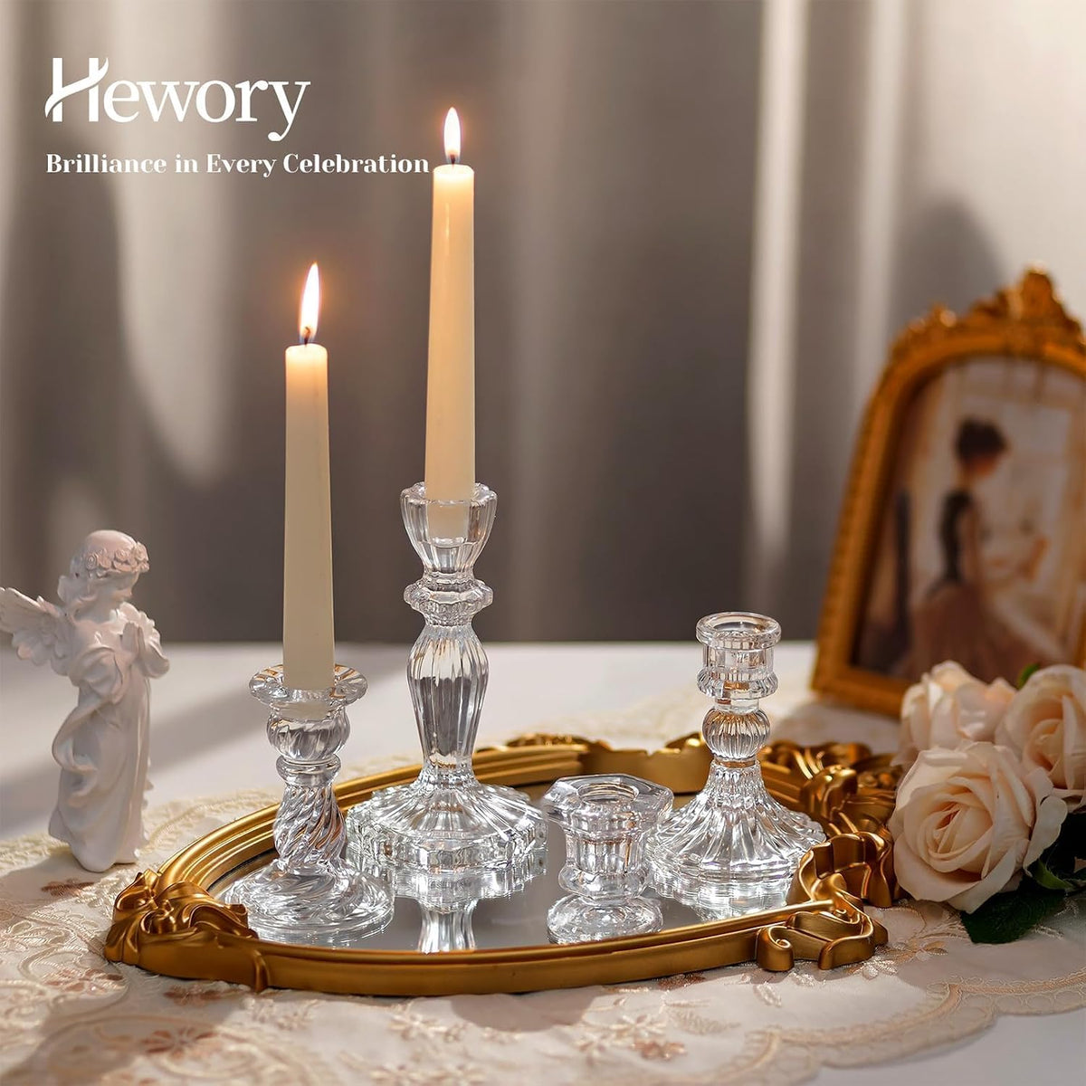 Hewory Crystal Taper Candle Holders: 10PCS Clear Glass Candlestick Holders