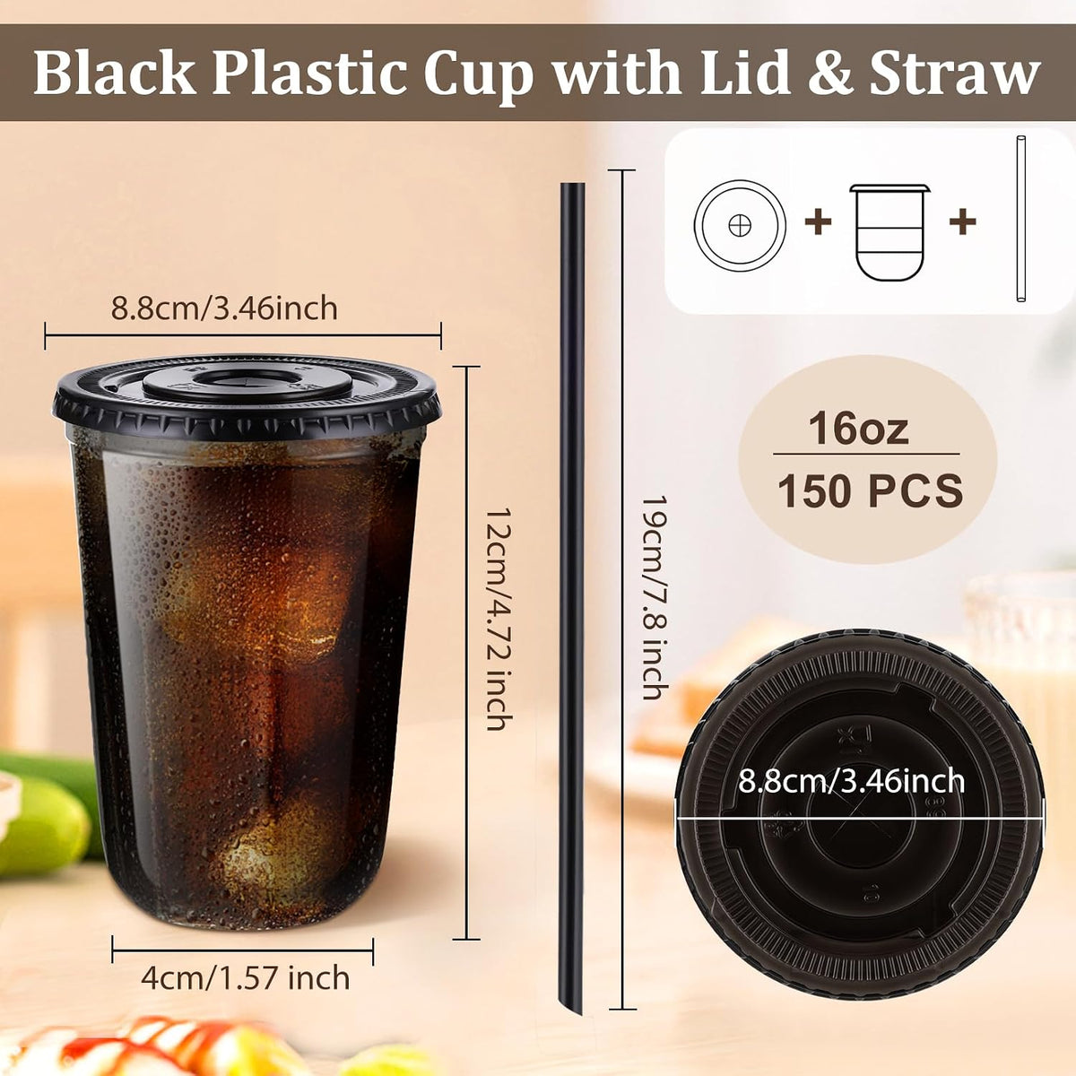 tchrules 150 Set 16oz Black Plastic Disposable Cups with Lids and Straws