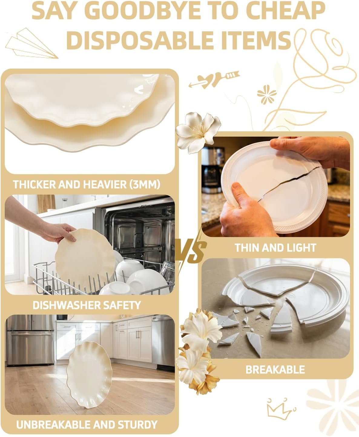 LIYH 24 Pcs Plastic Plates Reusable,Unbreakable Dinner Plates, Scalloped Plas...