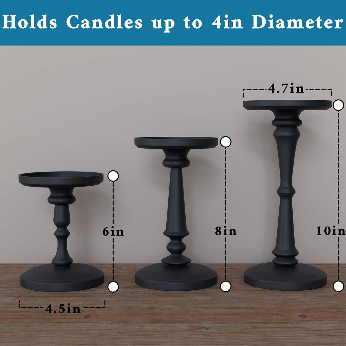 Candle Holders Set of 3 Matte Black, 6, 8,10" Tall Metal for Pillar Candles