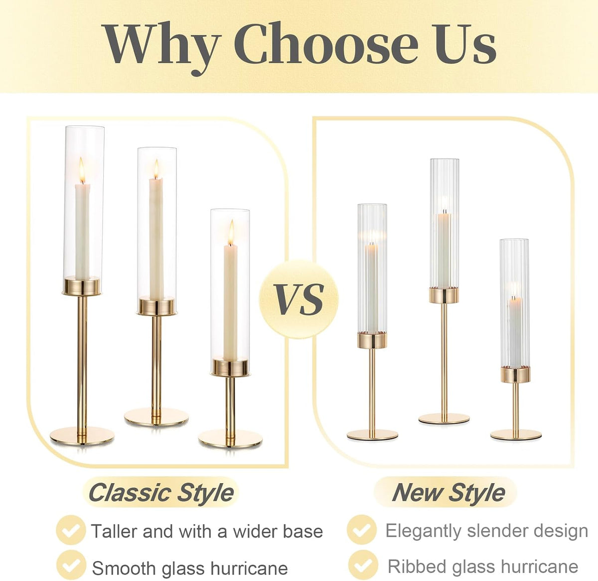 Hewory Gold Candlestick Holders: 6PCS Cylinder Glass Hurricane for Tapers