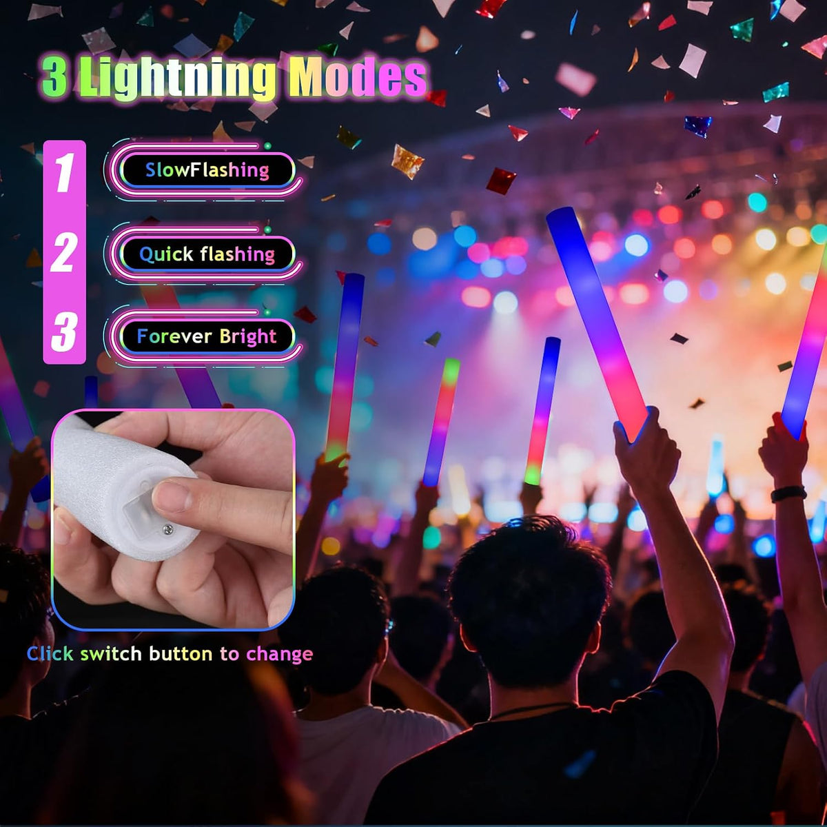 30pcs Foam Light up Sticks Bulk, Glow in the Dark Party Supplies with 3 Flash...