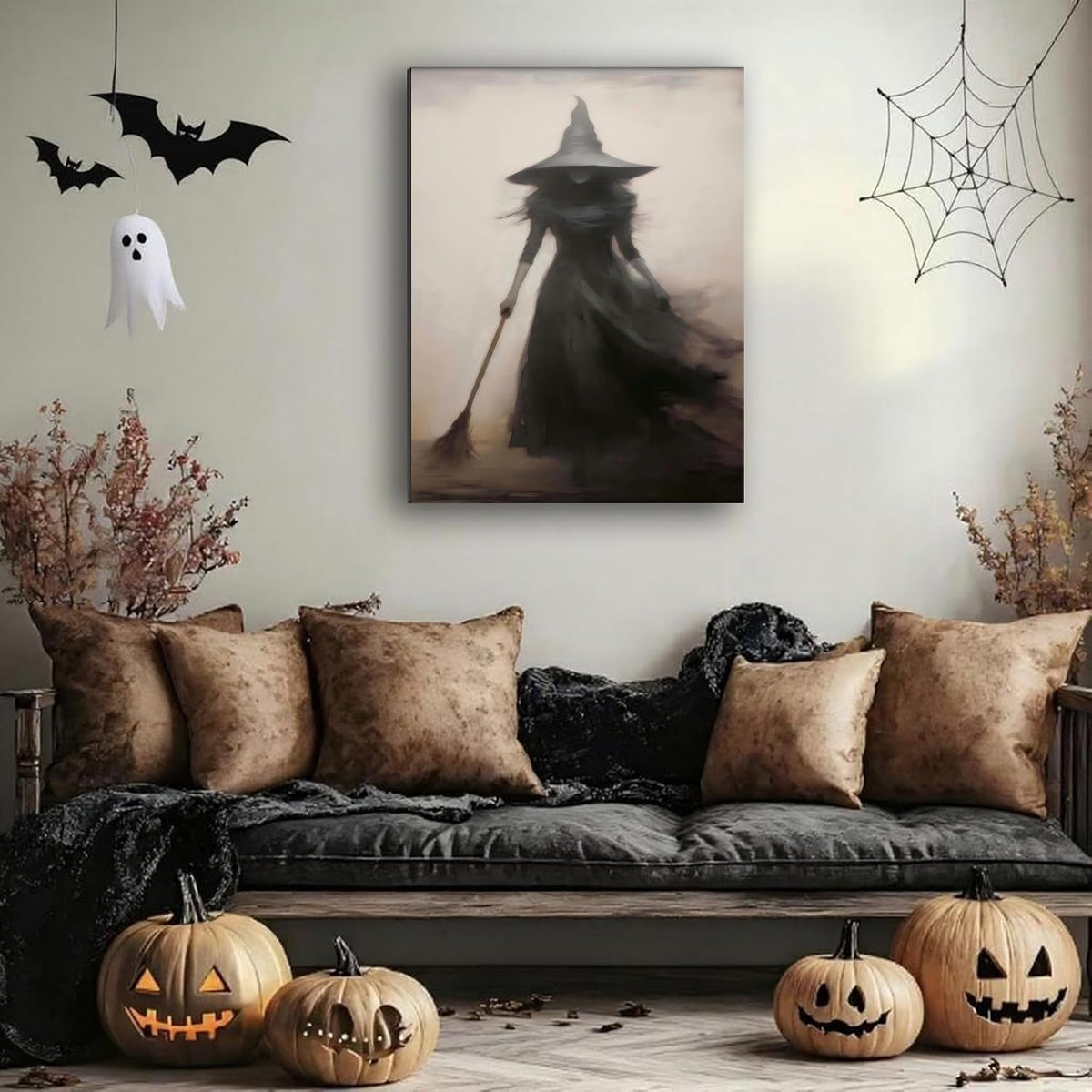 FLZYKGPA Dark and Moody Canvas Wall Art 20x30, Vintage Rustic Witch with Broo...