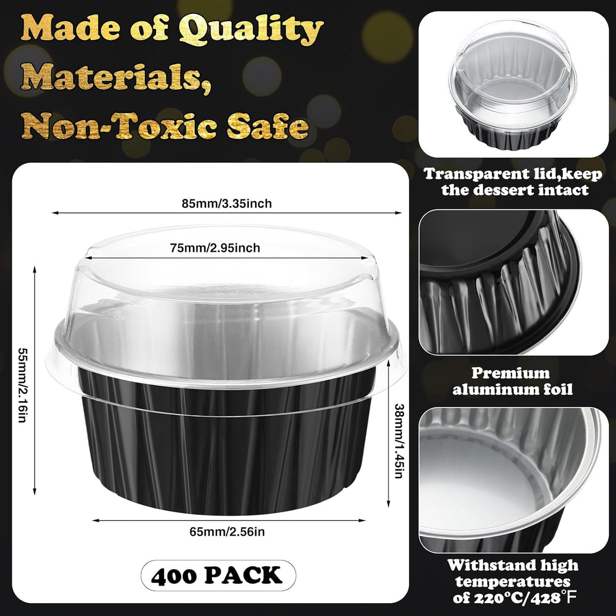 Gejoy 400 Pcs Aluminum Foil Baking Cups with Lids, Classic, Black