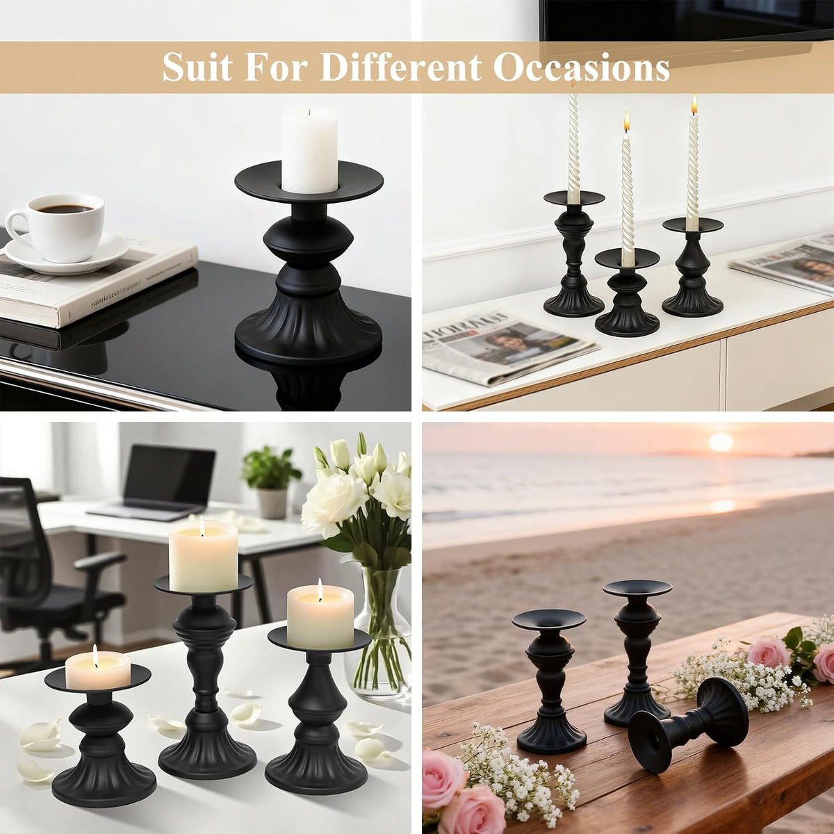 GUTE Pillar Candle Holders 3 Pcs Matte Black Metal Candlestick Decor