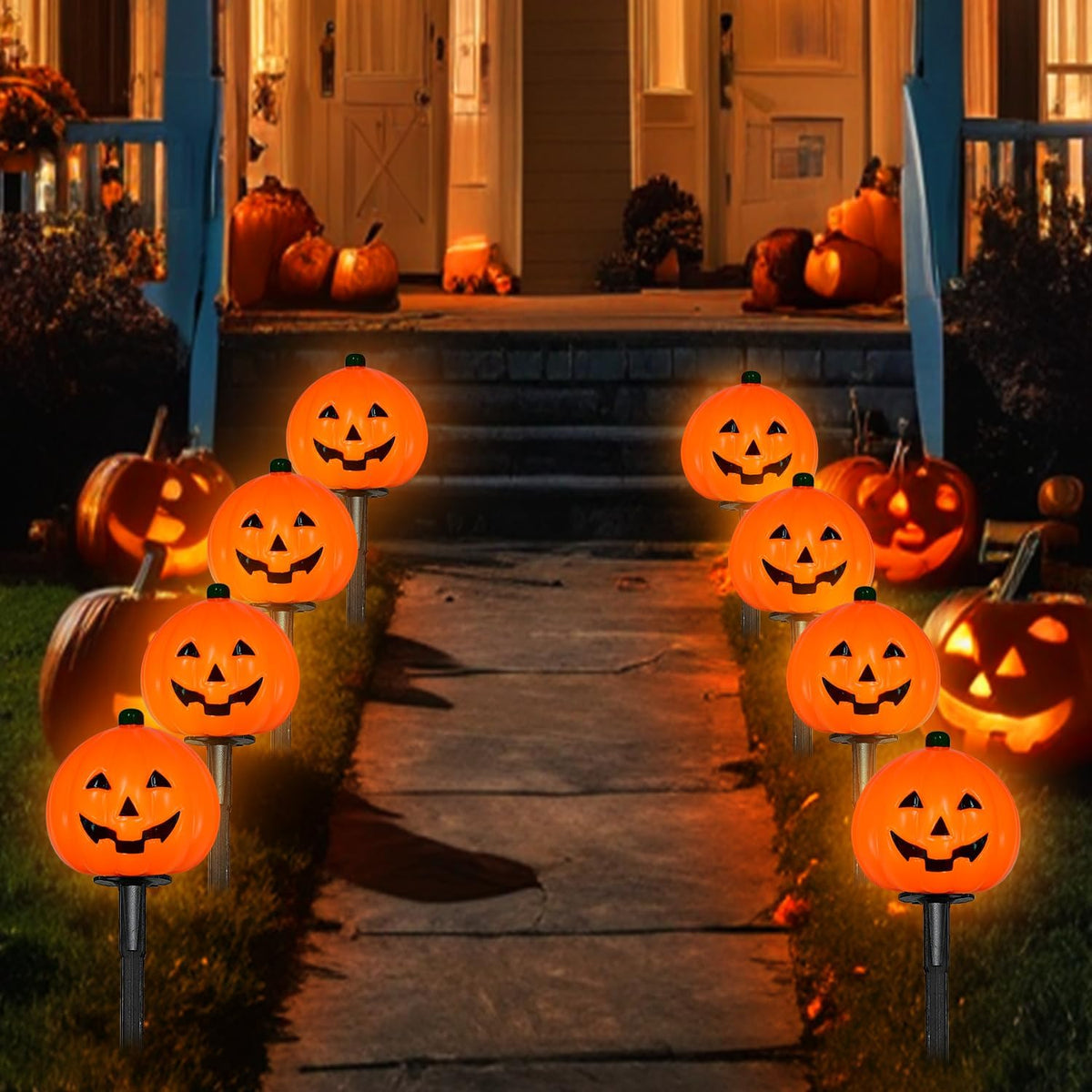 2 Sets 7Ft Halloween Decorations Pathway Lights Outdoor Pumpkin Stake Lights ...