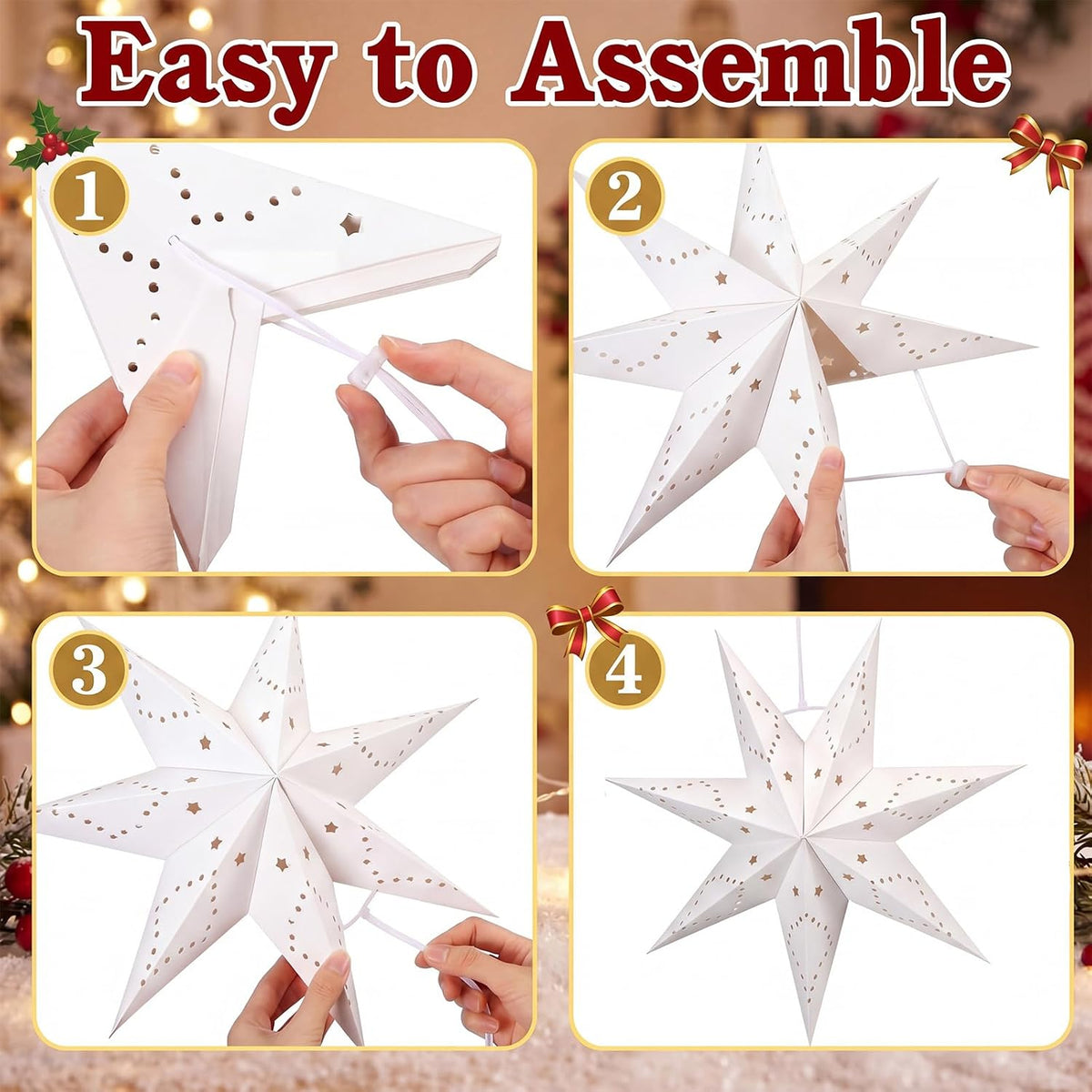 Youyole 12 Set Christmas Paper Star Lantern with Lights, 7 Pointed