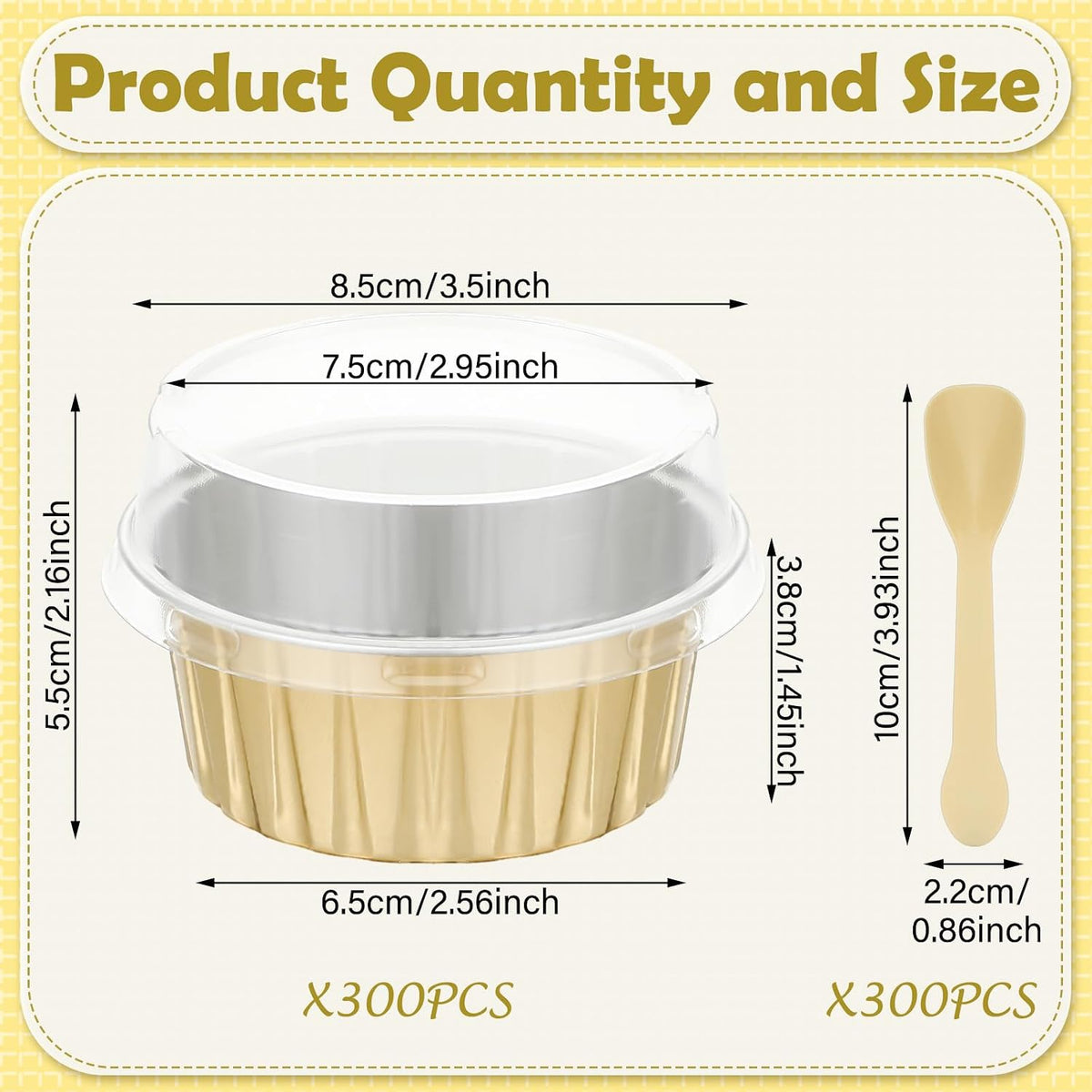 Hushee 300 Set Aluminum Foil Baking Cups with Lid Spoons, Round, Gold