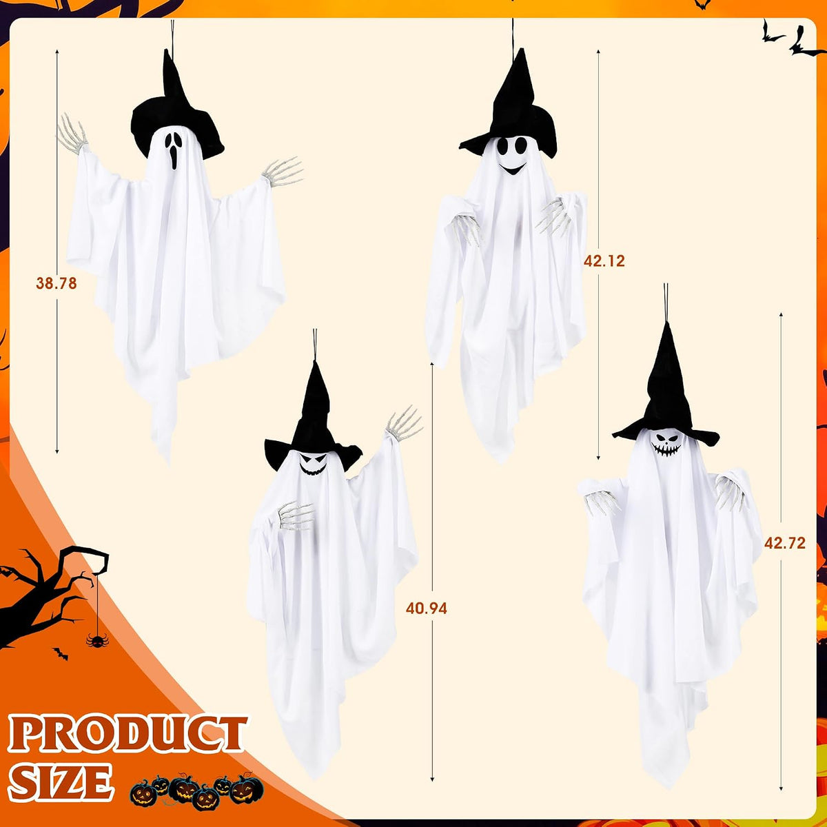 Dusk&Decorum 4 Pack Lighted Hanging Ghost Halloween Decorations with Witc...