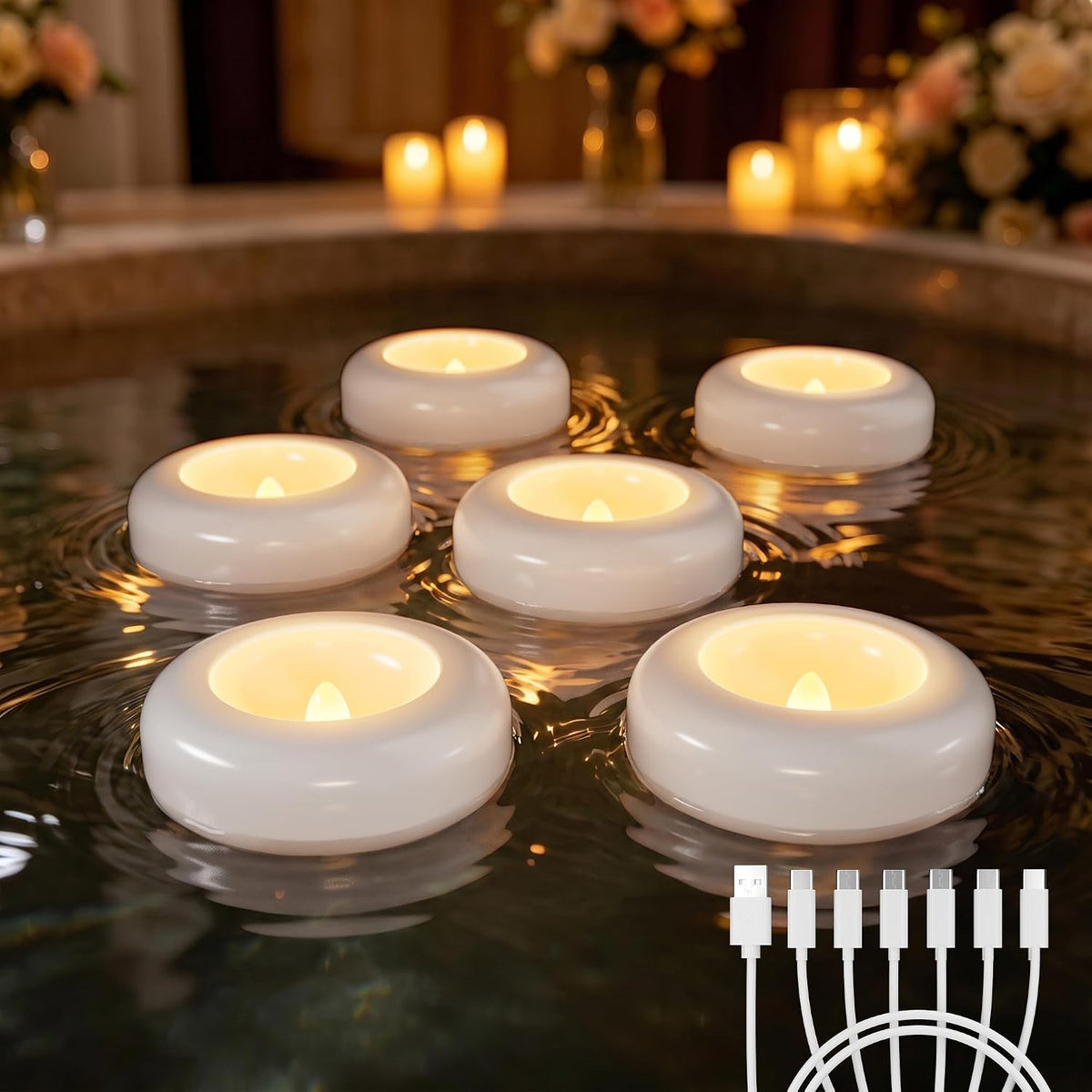 Rechargeable Flameless Floating Candles, Waterproof Tea lights, 6 Pack