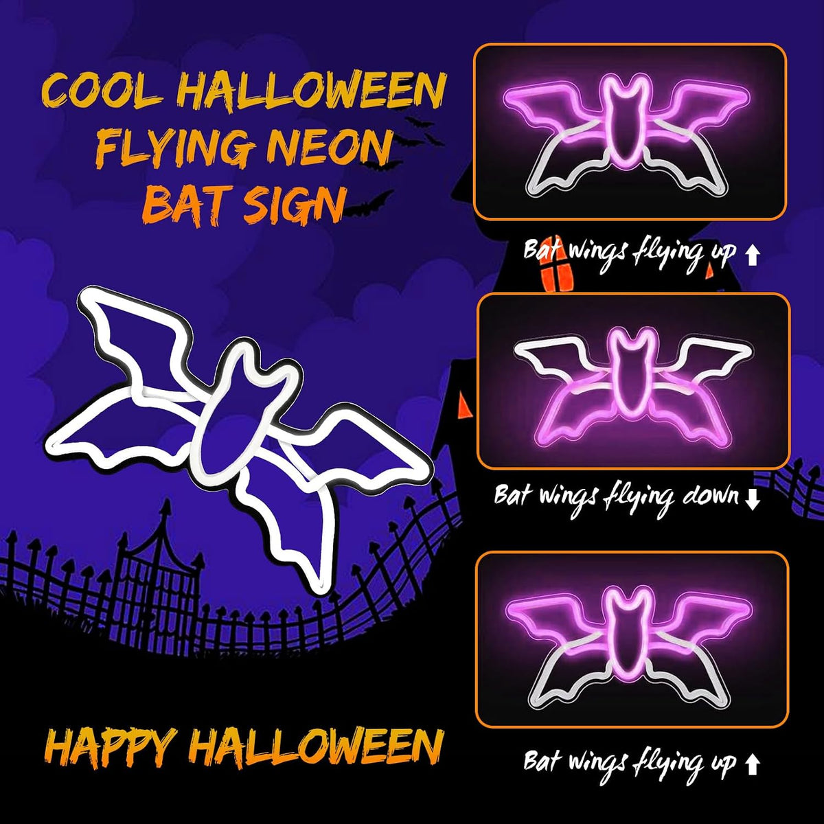 Halloween Neon Sign,Halloween Flying Bat Neon Light Sign with Adjustable Spee...