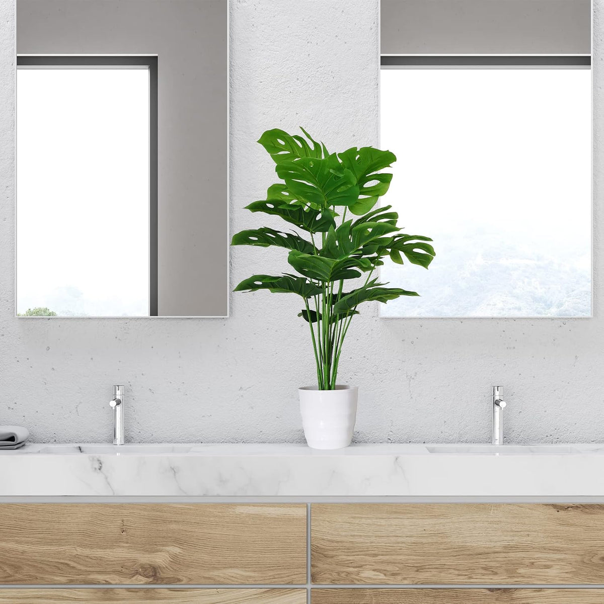 SAJANDAS Set of 2 Artificial Monstera Deliciosa Plants in Pots, Fake Tropical...