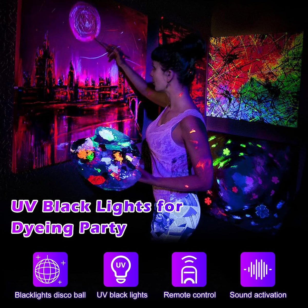 2 in 1 Glow Party Black Light Disco Ball Light with Sound Activated Strobe Dj...