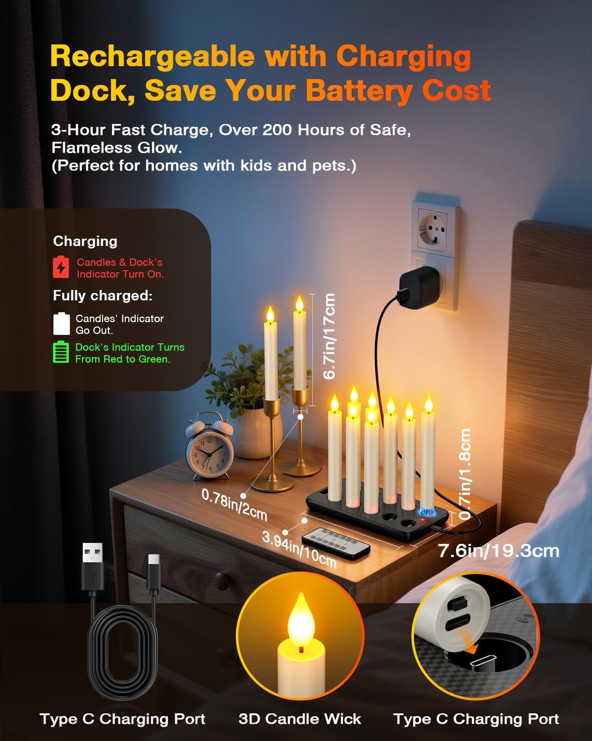 Yme Rechargeable Flameless Taper Candles Battery Operated with Remote Timer