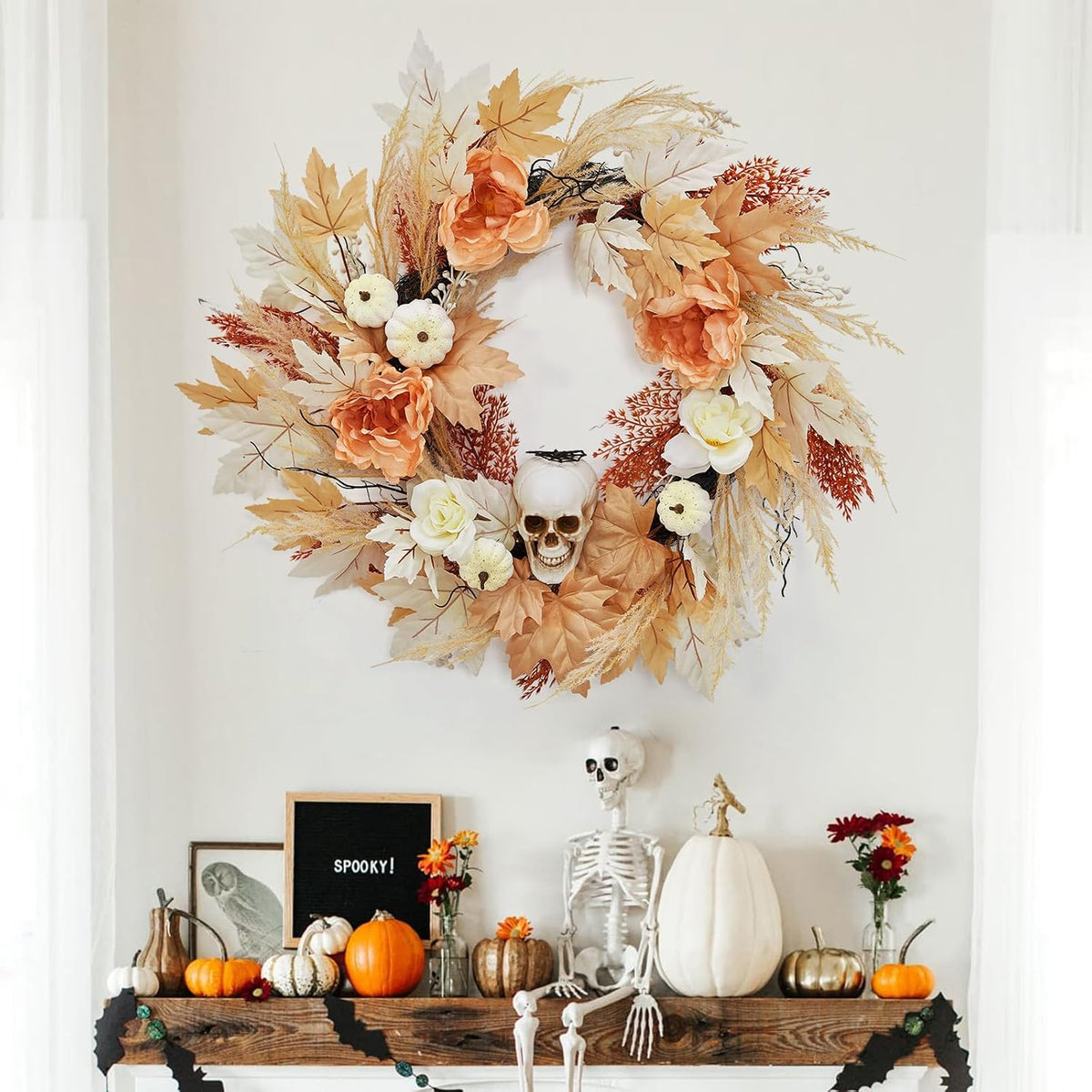 GarveeHome 22 in Halloween Skull Wreaths for Front Door, Fall Maple Leaves Wr...