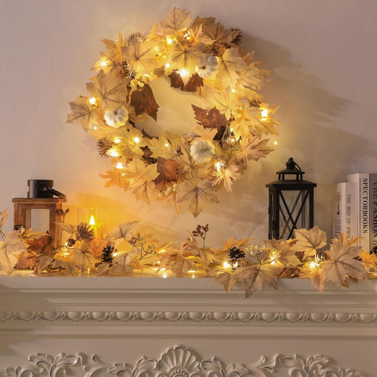 Realistic Fall Wreath with Lights, 22" Fall Wreaths for Front Door with ...