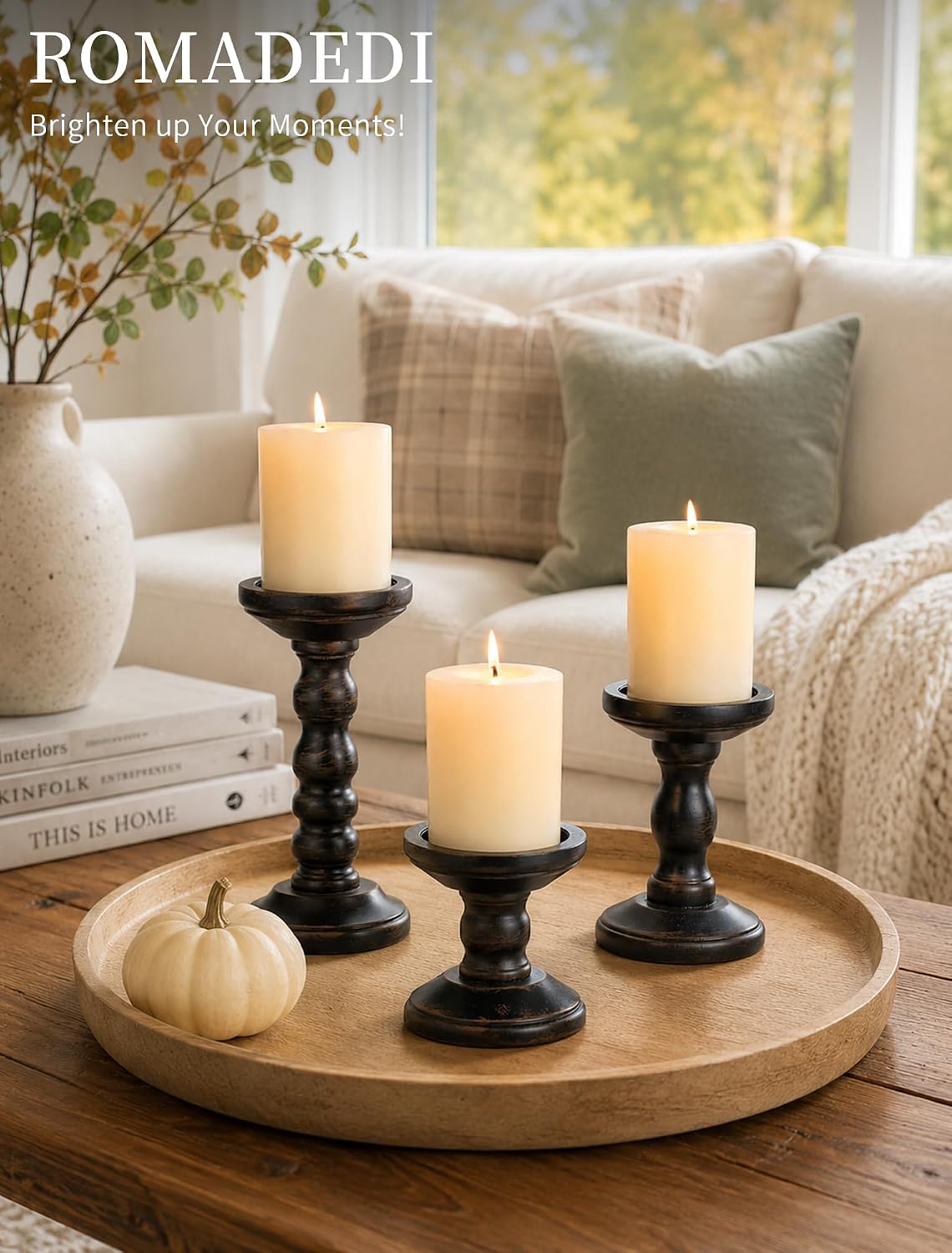 Romadedi Solid Wood Pillar Candle Holder, Black, Set of 3, 8.3/5.9/3.9-in