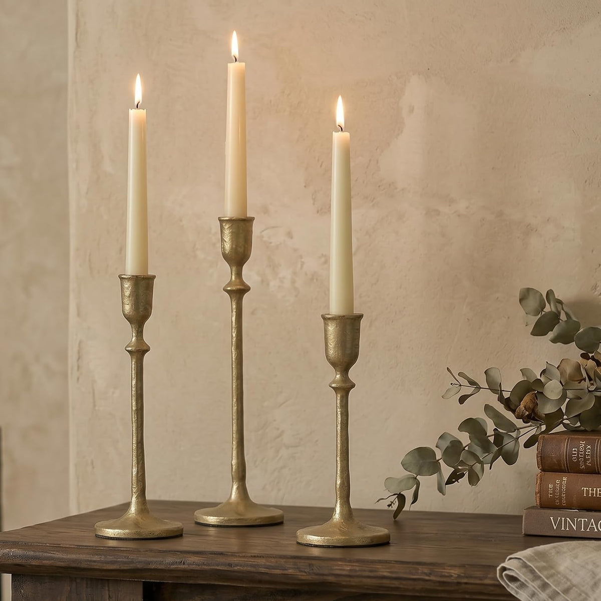 Antique Brass Gold Candlestick Holders Set of 3, Iron Taper Candle Holder