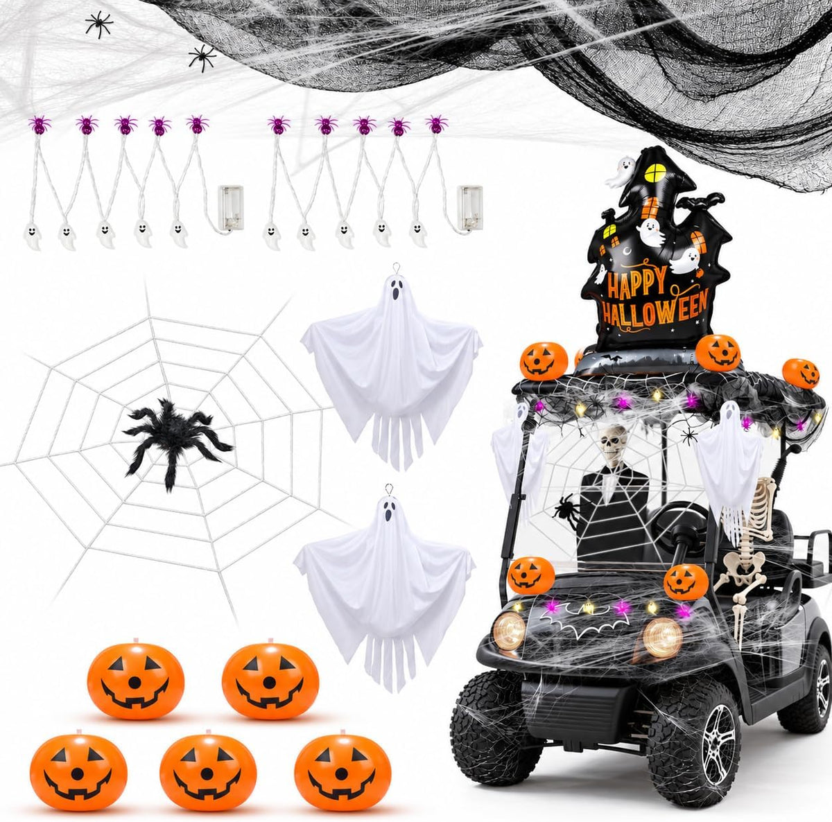 Halloween Golf Cart Decorations Kit, Ghosts, Spider Web, Pumpkins, Lights