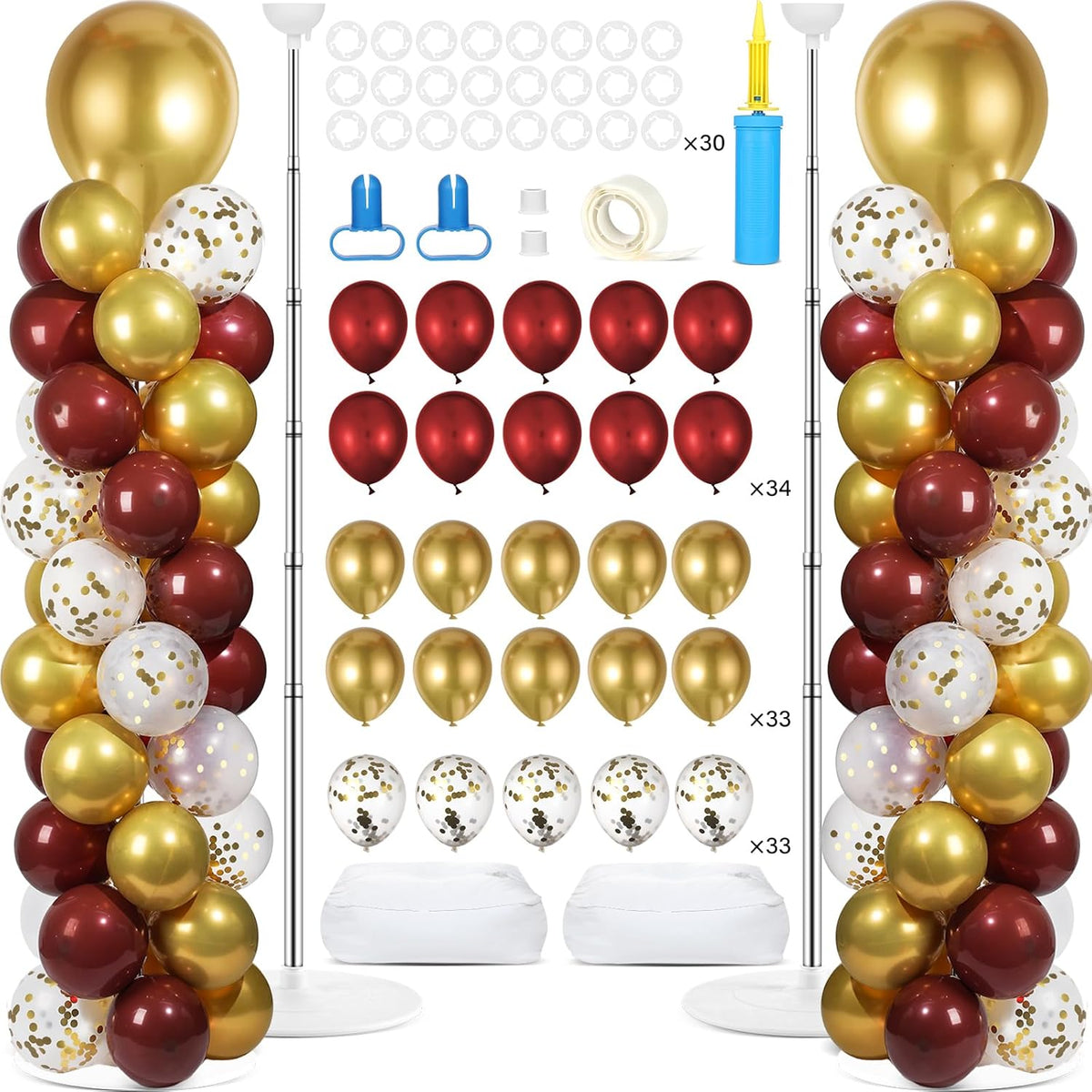 2 Sets Adjustable Balloon Column Stand Kit with Bases(Burgundy Red Gold)