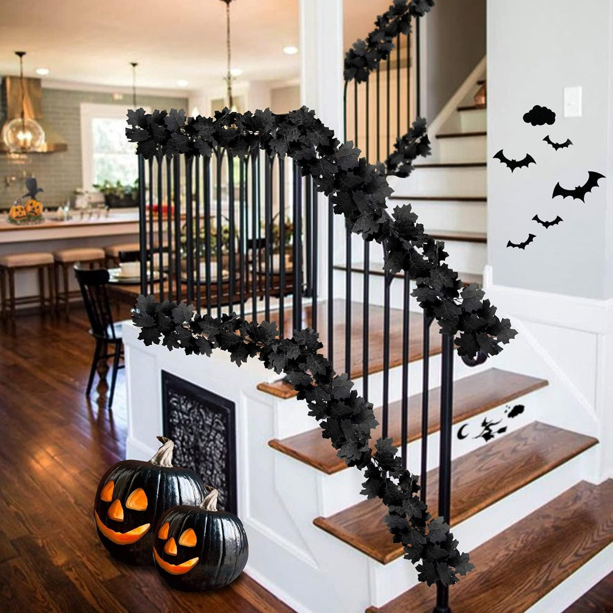 Black Leaf Garland, 12PCS Halloween Artificial Hanging Fall Maple Vines