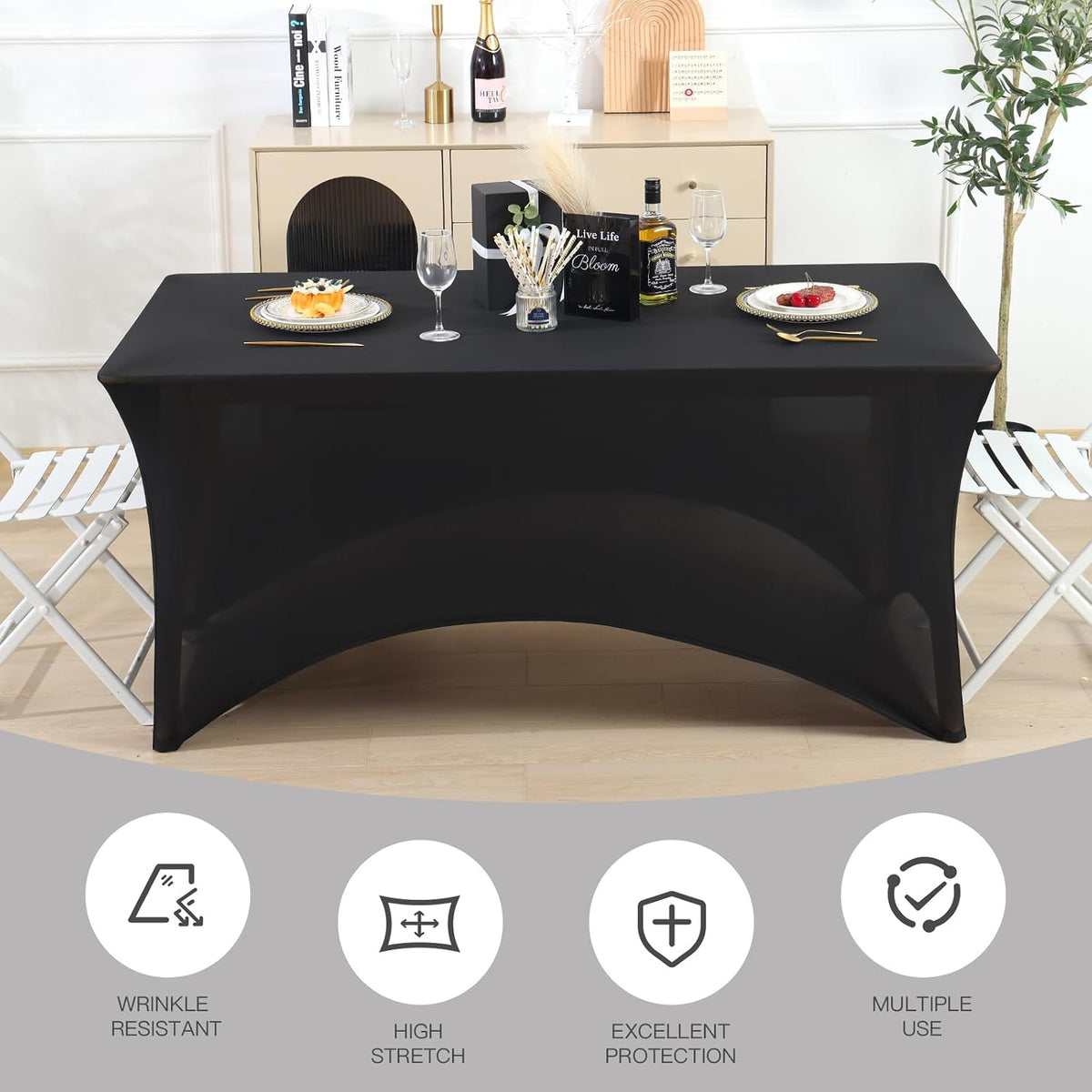 Fixwal 6 Pack 6FT Black Tablecloth Rectangle Spandex Fitted Table Cover