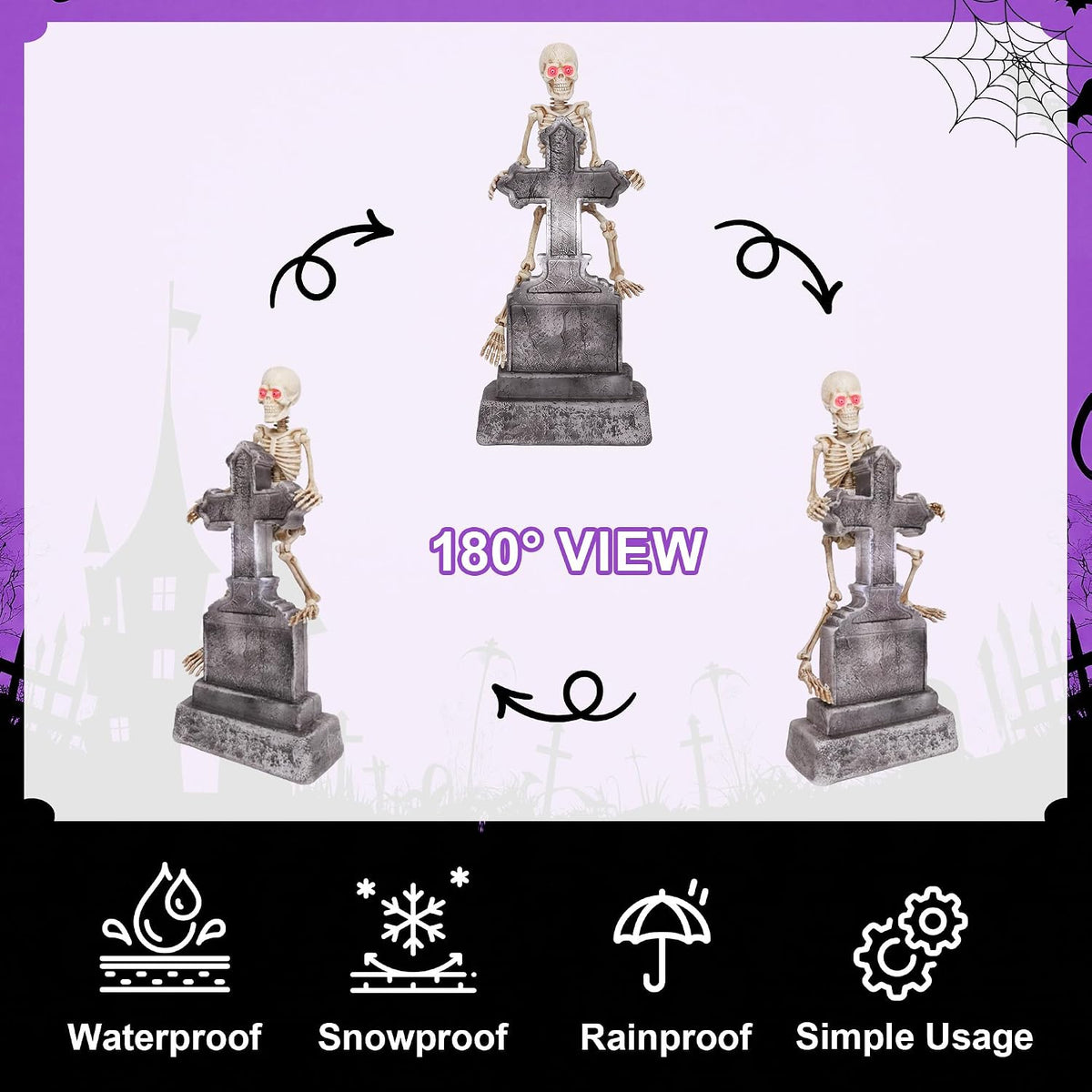 Halloween Animatronic 46in Tombstone, Spooky Scary Skeletons Decoration